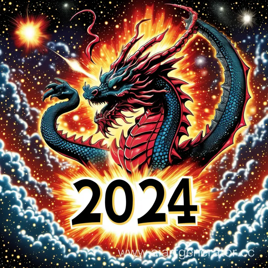Большой дракон взрывает вселенную надписью 2024
