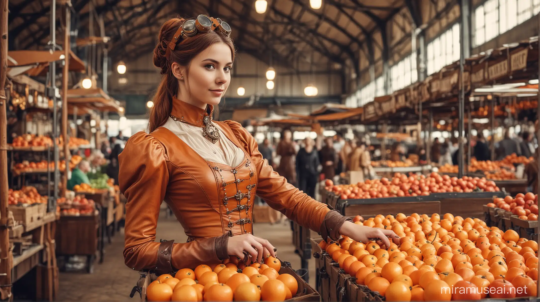 Steampunk Woman in Orange Leather Dress Buying Apples at Market Stall