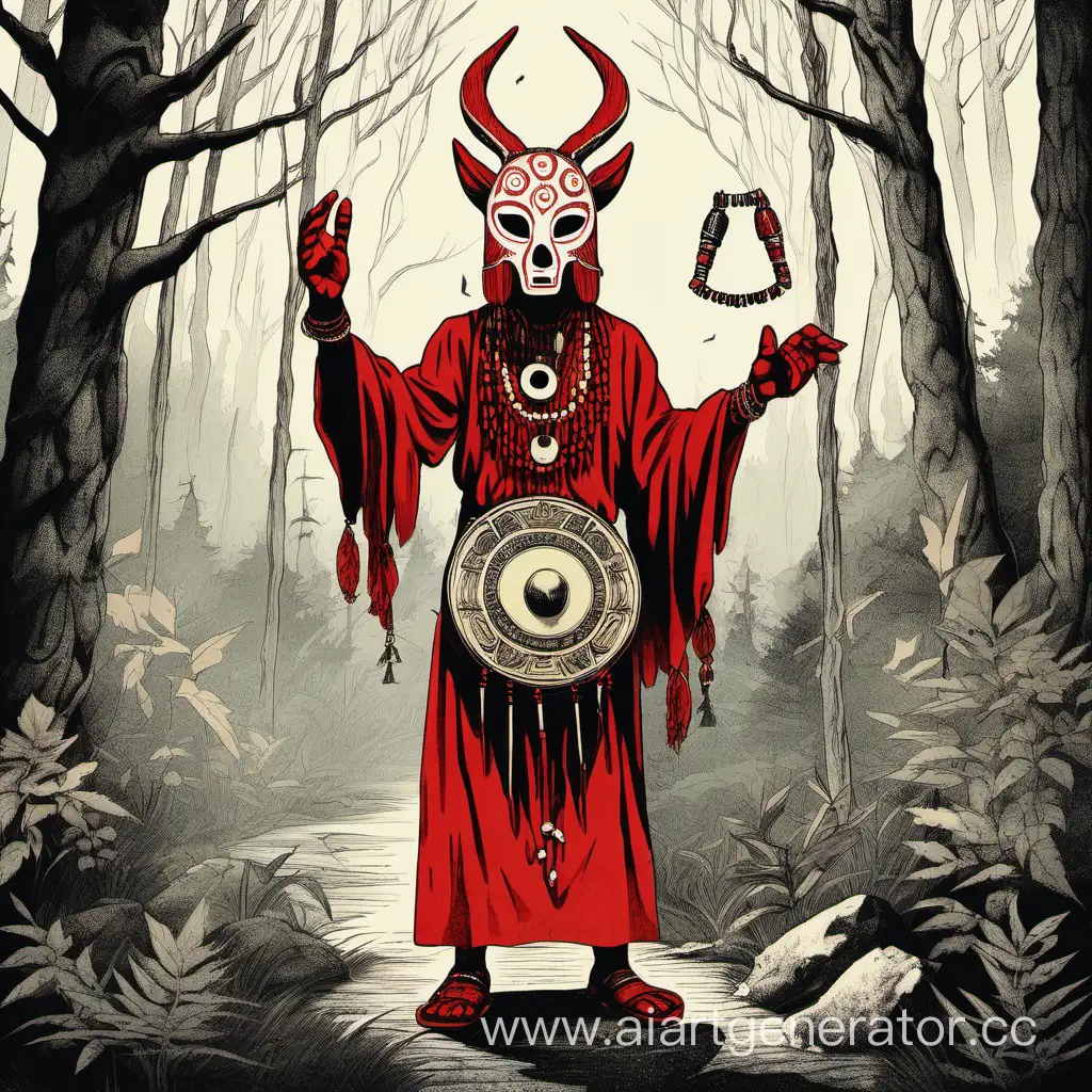 Красный шаман костяная звериная маска бубен посреди леса и гор