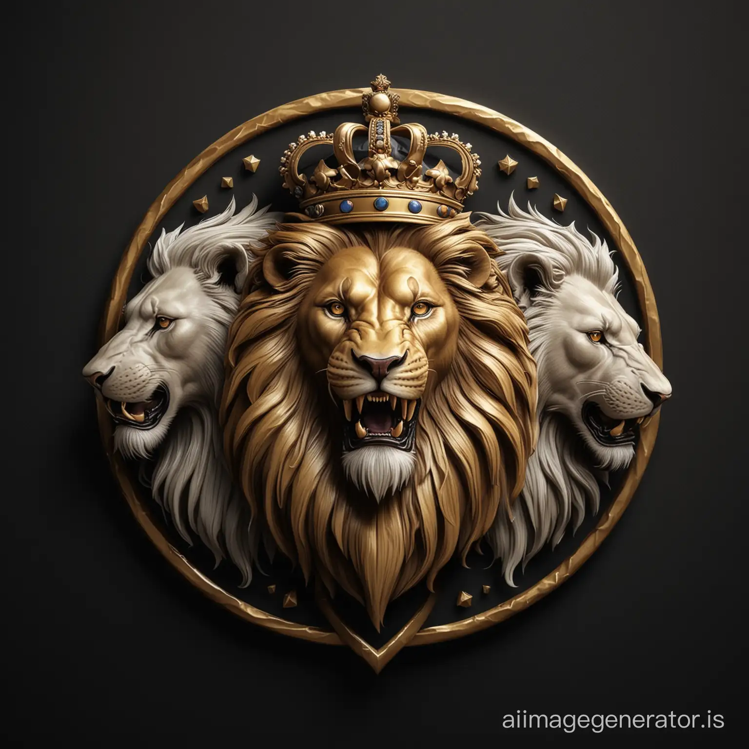 логотип три льва - черный, золотой, белый лев, рык, сила, мощь, власть. Векторная графика, иллюстрация, реализм, 4K, черный фон