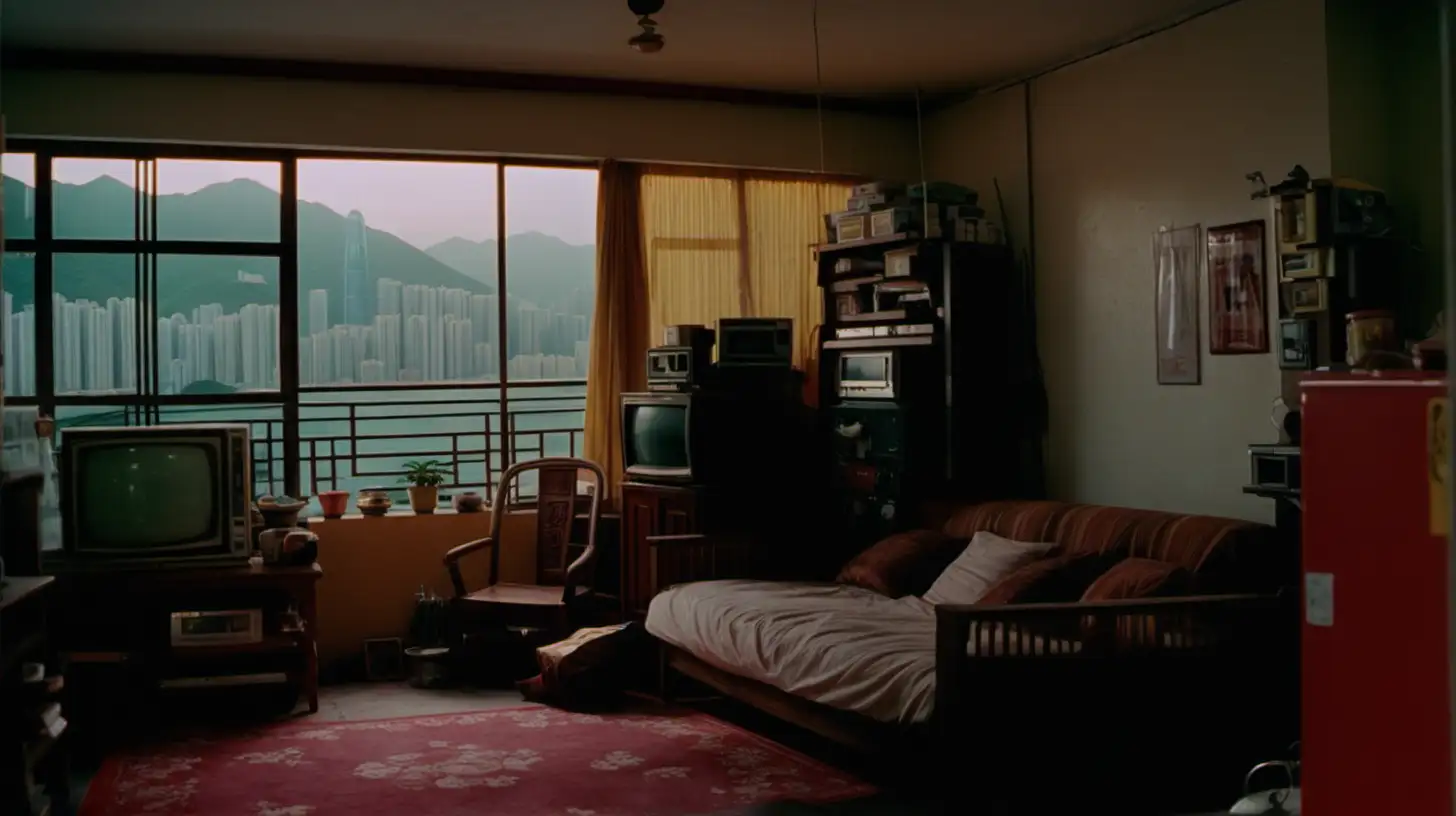 Cinematic scene, within someone's house but no one in it, cozy and peaceful, 1980 Hongkong, wide shot, Kodak Portra 400, Kar Wai Wong, style raw,  ar 16:9