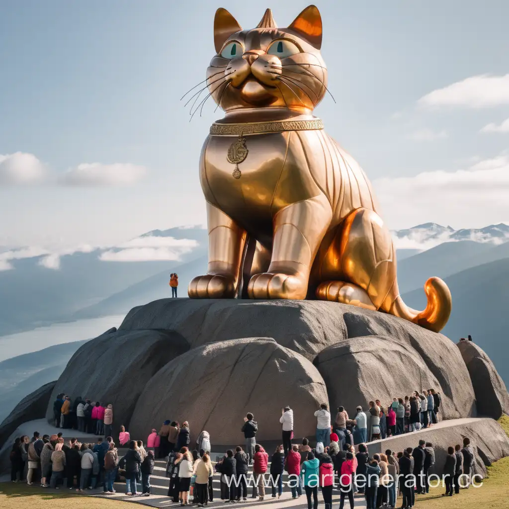 Люди покланяются большой статуе рыжего кота поставленная на горе.