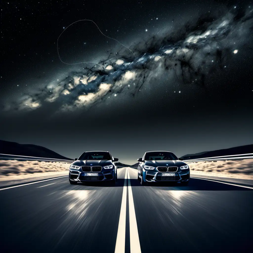 Prompt:washed out liminal faded photograph of two BMW m power driving on white road  planet very small similar to earth black starry sky --ar 9:20 --v 6.0 --style raw