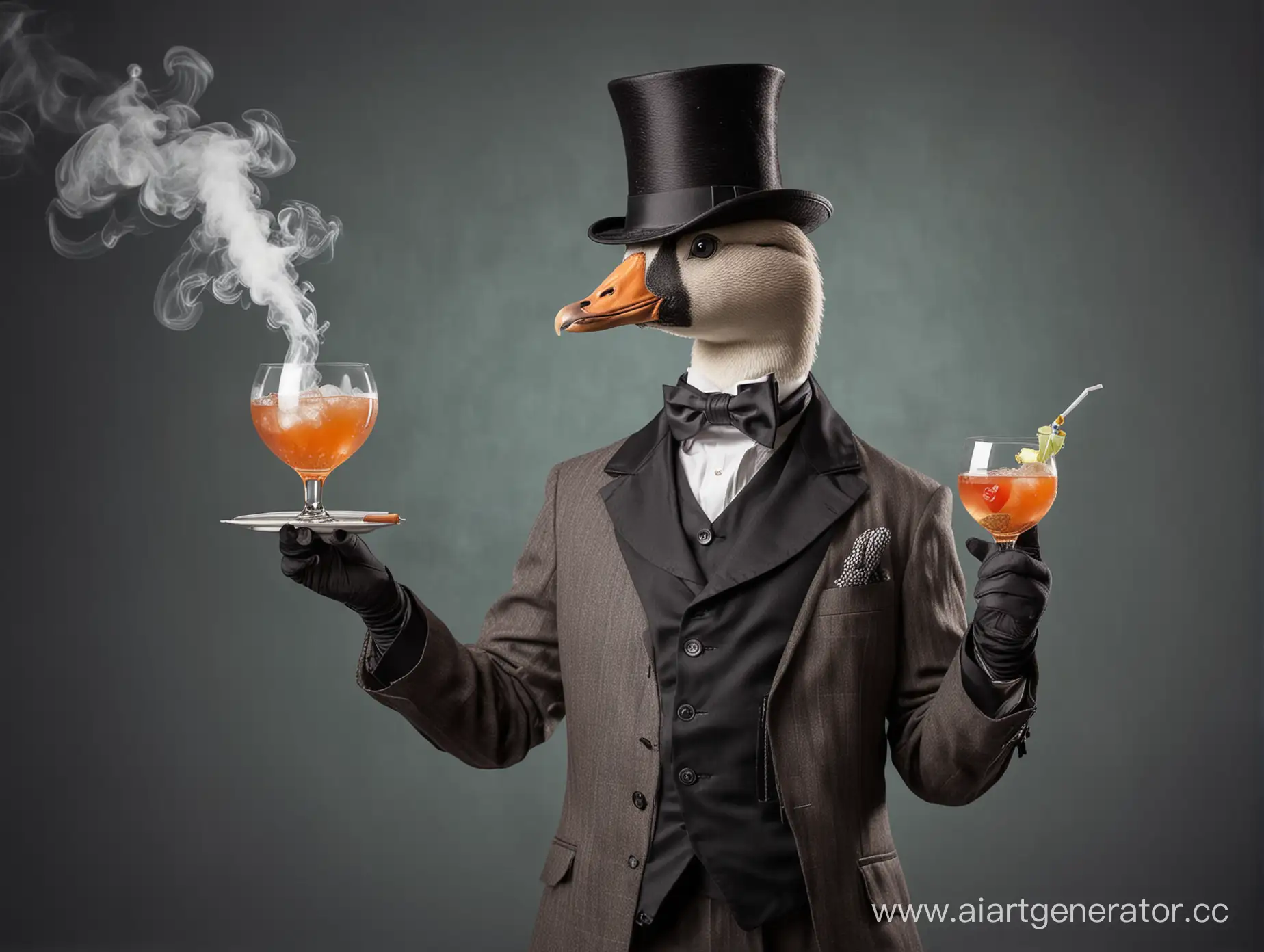 Sophisticated-Goose-in-Smoking-with-Monocle-Offering-Cocktail