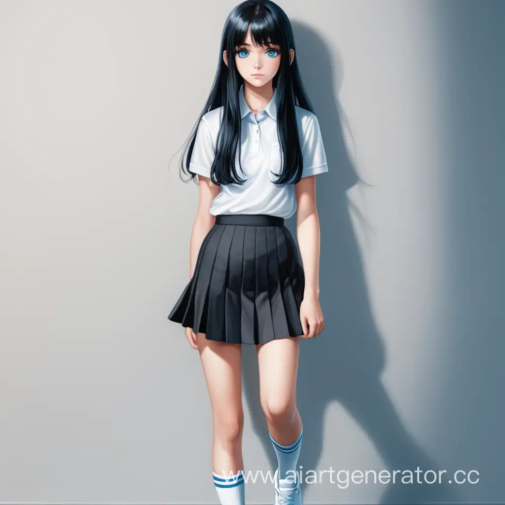 Девушка 17 лет с голубыми глазами черной длинной прической худое тело белая рубашка юбка чулки и белые кросовки