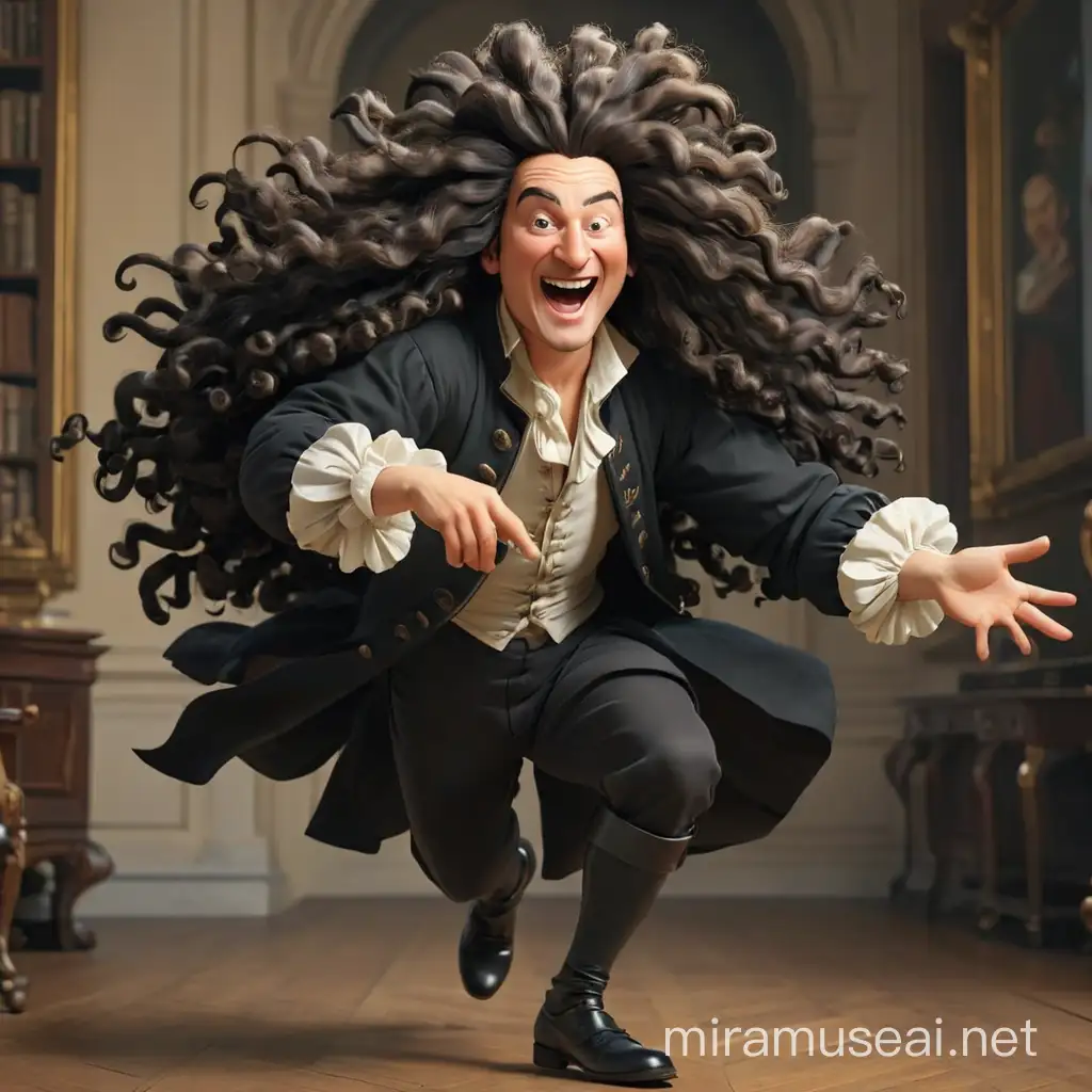 The philosopher Gottfried Wilhelm Leibniz joyfully bounces in place. He is dressed in 18th century style, wearing a huge wig with black curls on his head. We see him full-length, with arms and legs. Realism style, 3d-animation