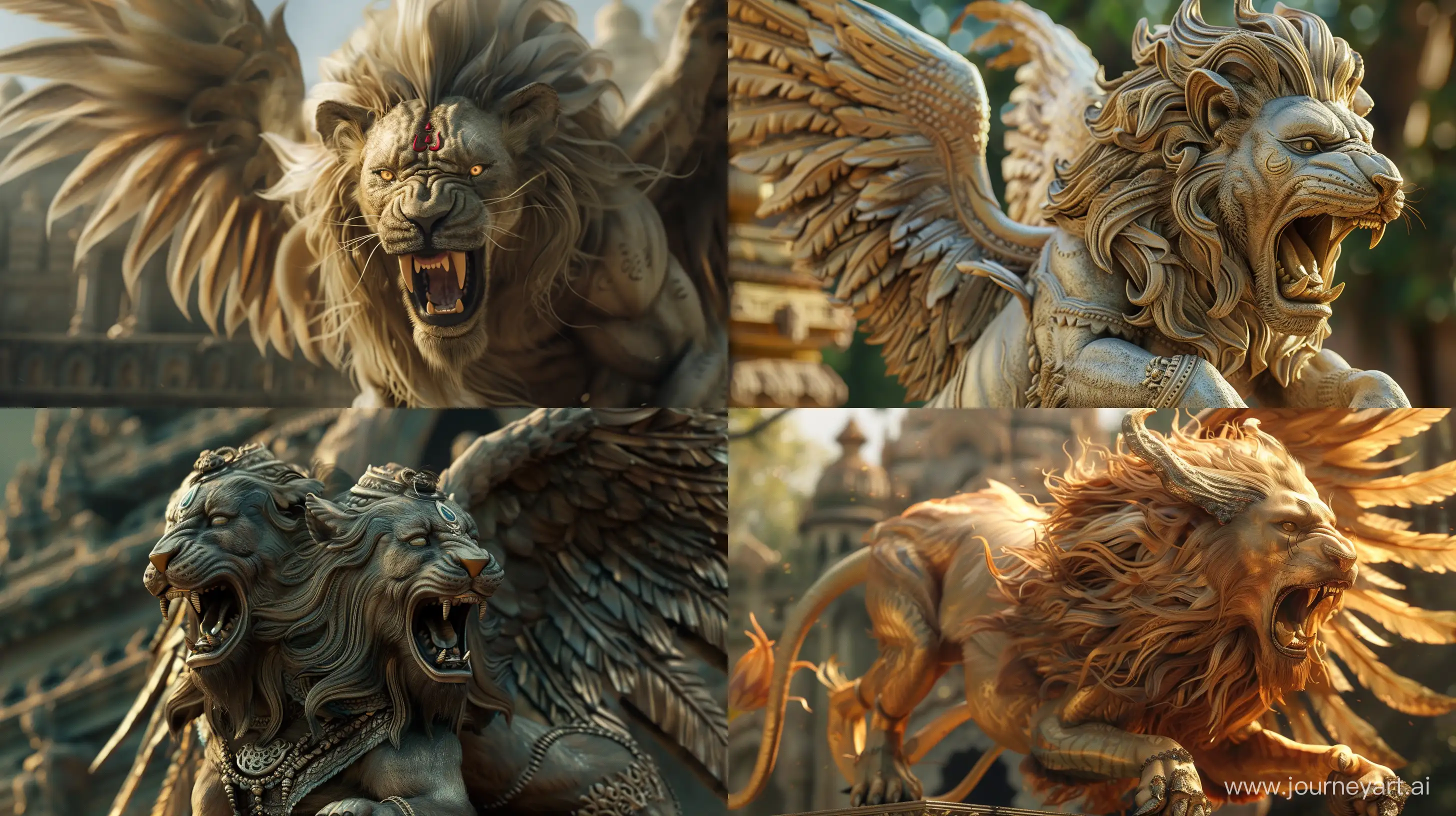 Realistic images depicting a creature from Hinduism with the body of a Lion but also has wings, fierce roaring look, close up image, intricate details, serene background, 8k quality images --ar 16:9 --v 6