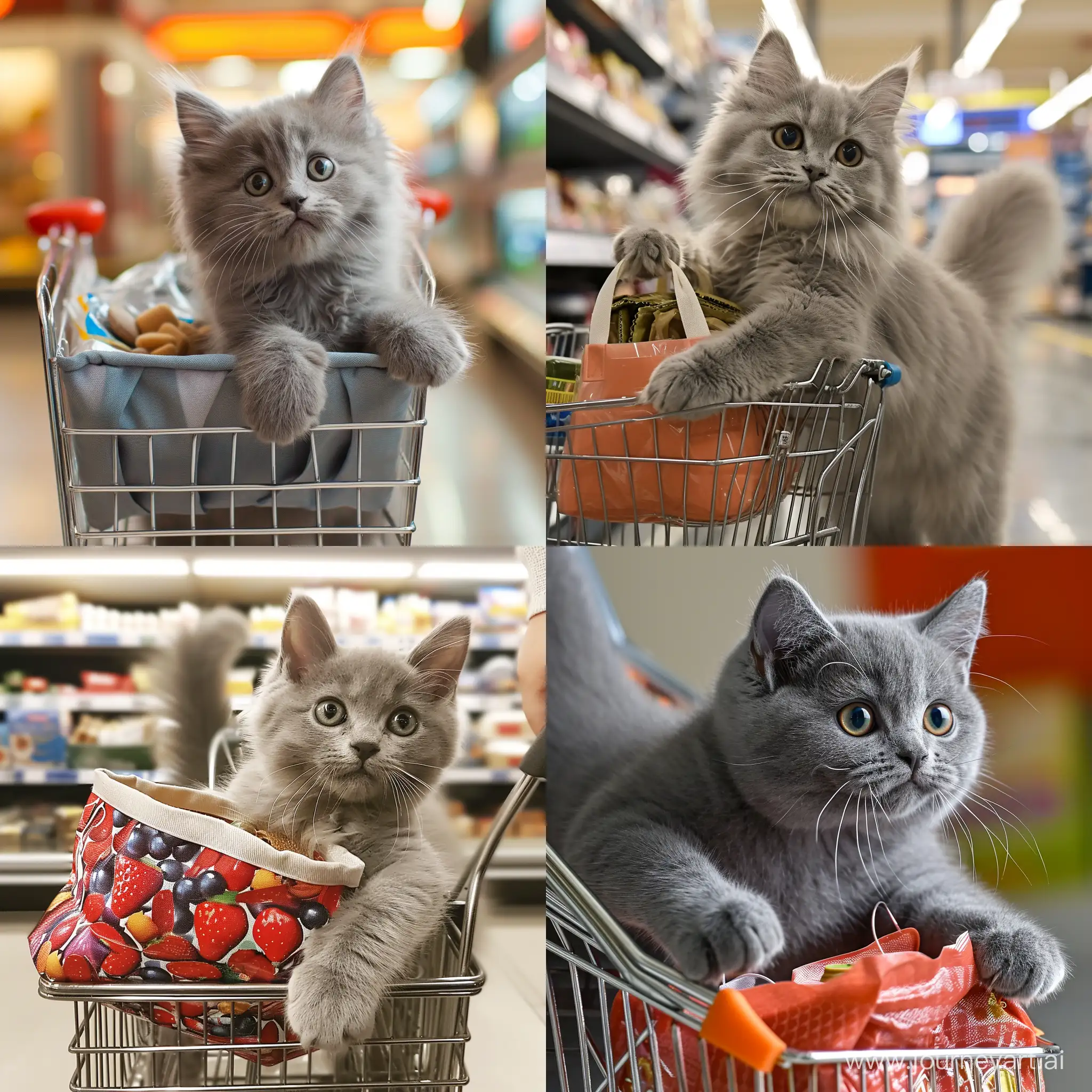 a cute gray cat pushing his shopping cart containing a big purple sack of cat food in a supermarket