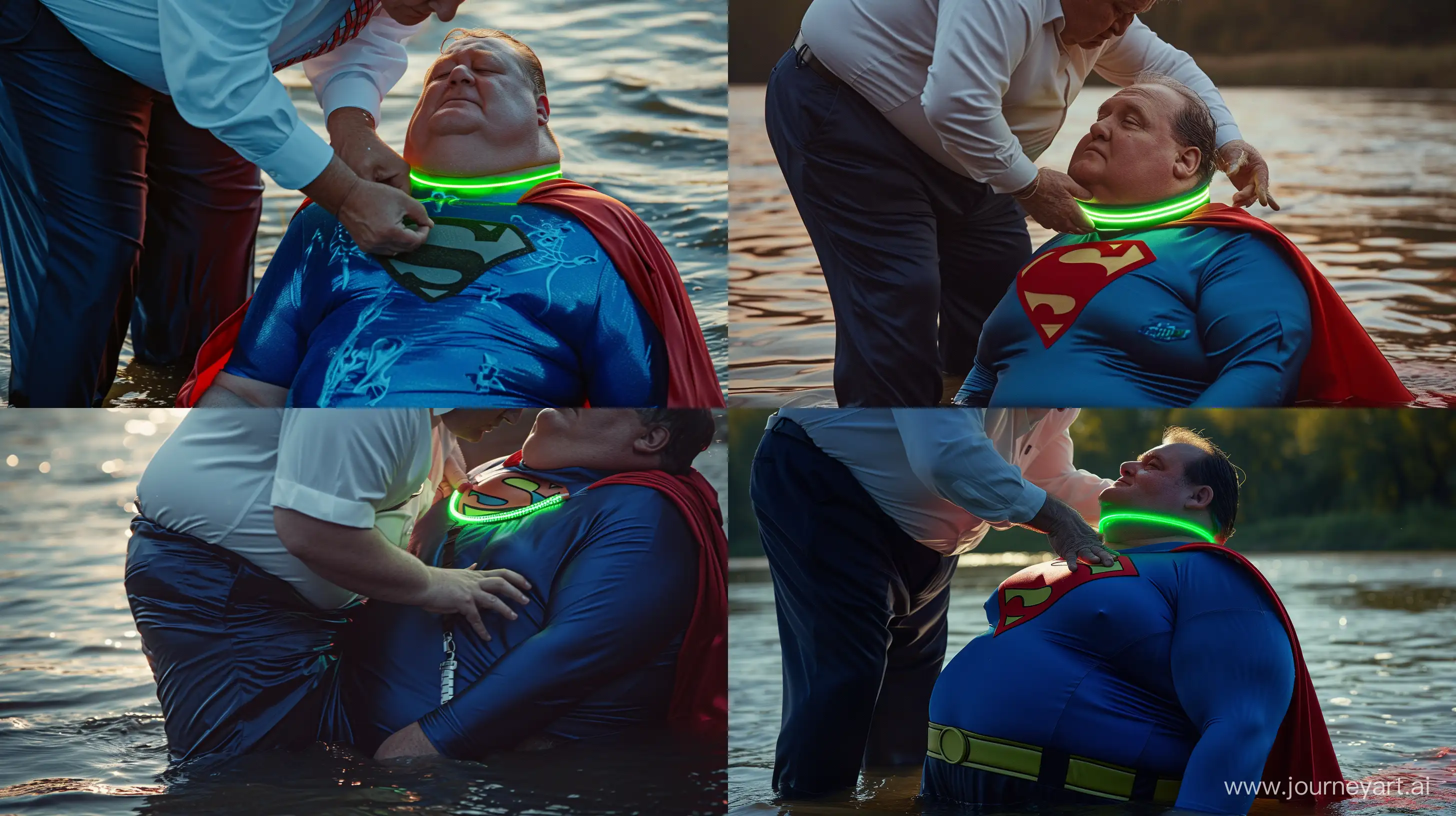 Close-up photo of a fat man wearing silk navy business pants and a white shirt. Bending and putting a tight green glowing neon dog collar on the nape of a fat man aged 60 wearing a tight blue superman costume with a red cape sitting in the water. River. --style raw --ar 16:9