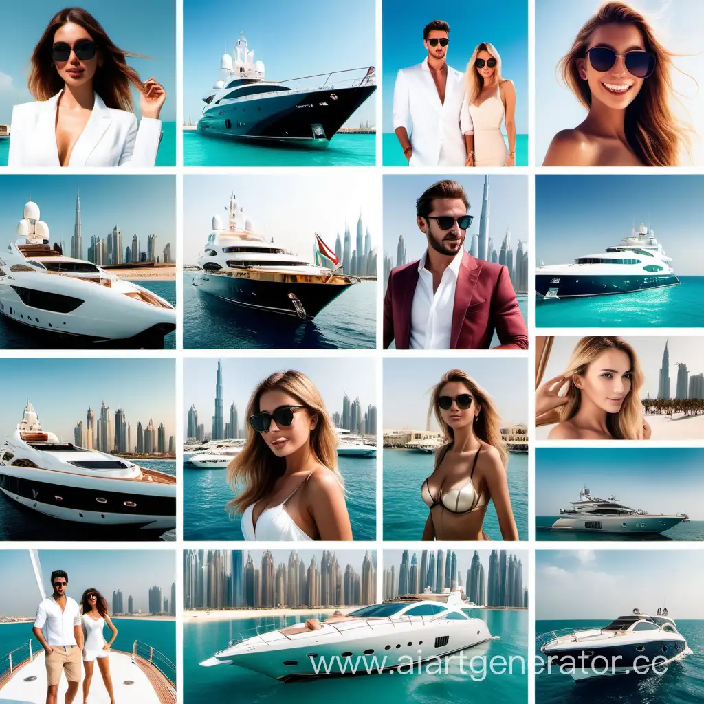 Grid of photos of an instagram account of luxury yachts,celebrities, youthful energy, Posh status, rich families having a good time and Dubai 
