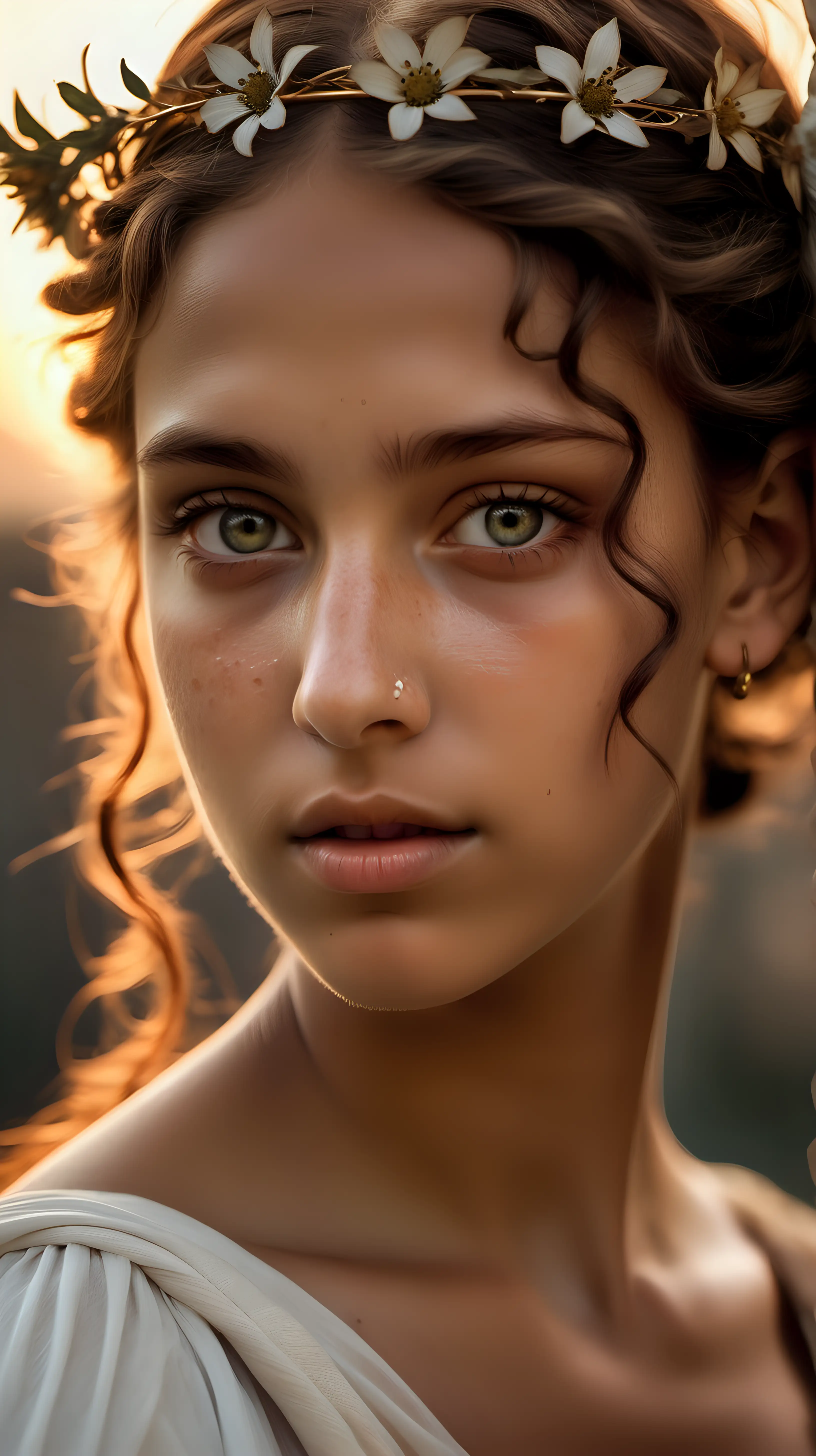  Close-up portrait of a Young girl from ancient Rome. Nymph, dancer, angelic face, perfectly proportioned, features of a unique, unprecedented beauty. Matte and tanned skin, it also has a few freckles. The eyes convey kindness and gentleness. Their olive color gives charm to the whole scene. The soft light of the sunset emphasizes the unique and sensual features. On his head he wears a crown of wildflowers. He wears a white, immaculate, semi-transparent tunic. Earrings and other accessories are made of brass