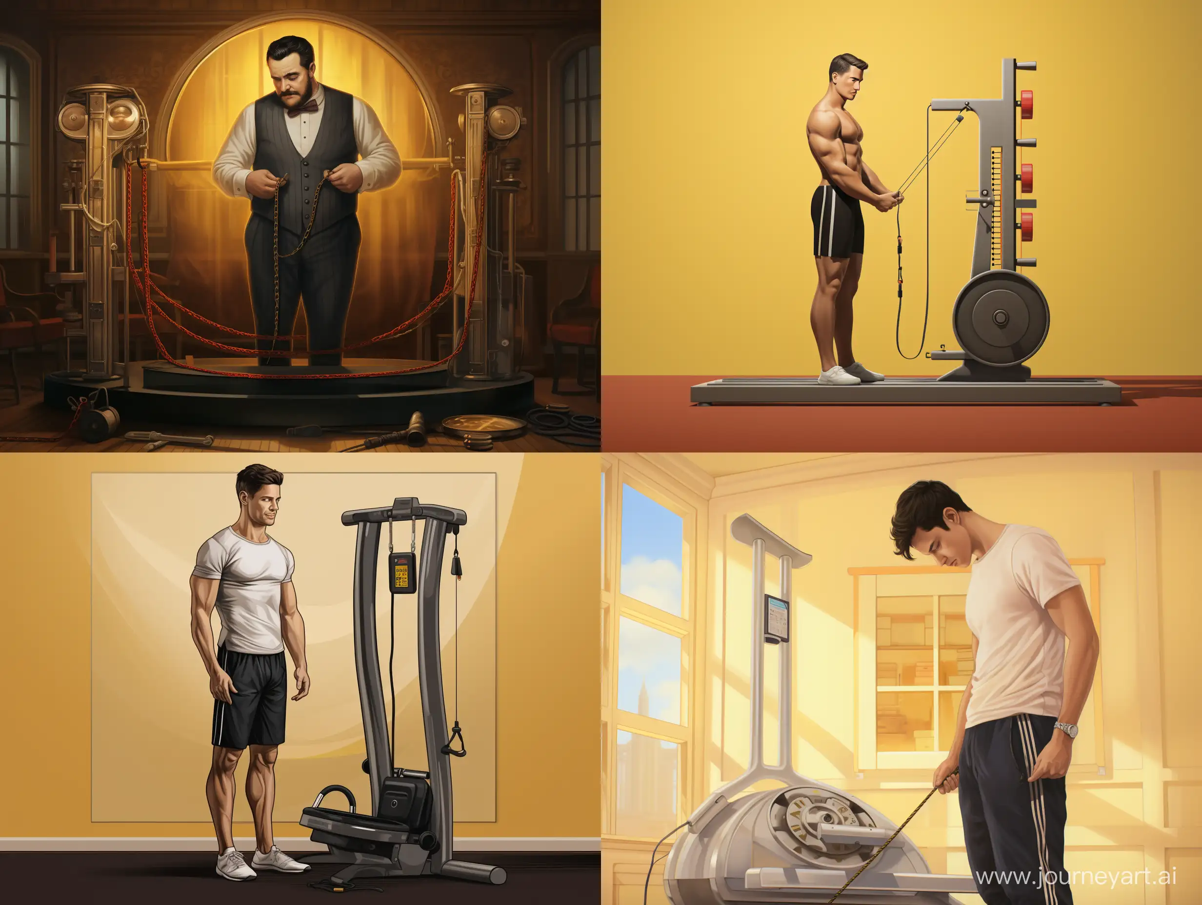 make a man checking his stomach with measuring tape while standing on a weight machine in portrait