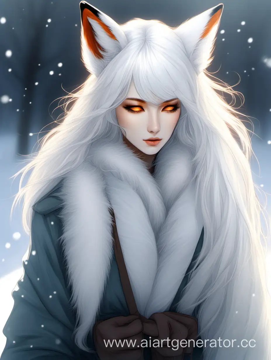 Женщина лисьи уши два лисьих хвоста белые волосы сянься зима
