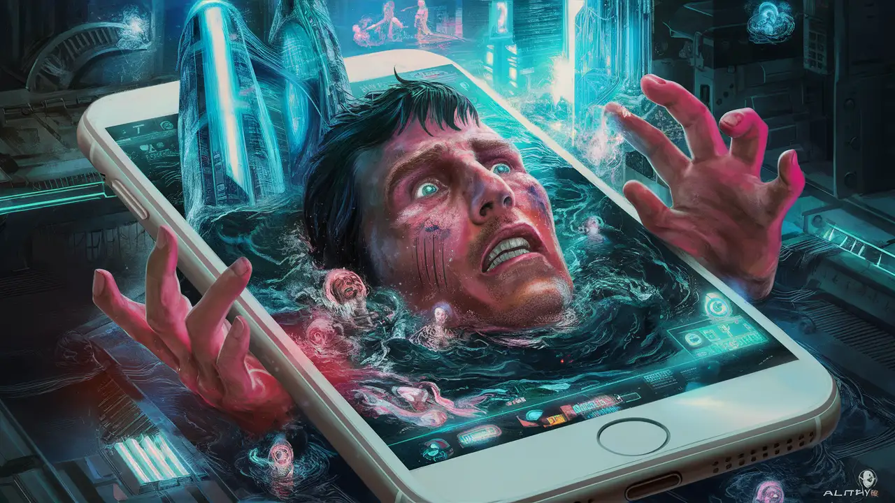 scared guy drowning inside a smartphone screen, cyberpunk, colorful,
