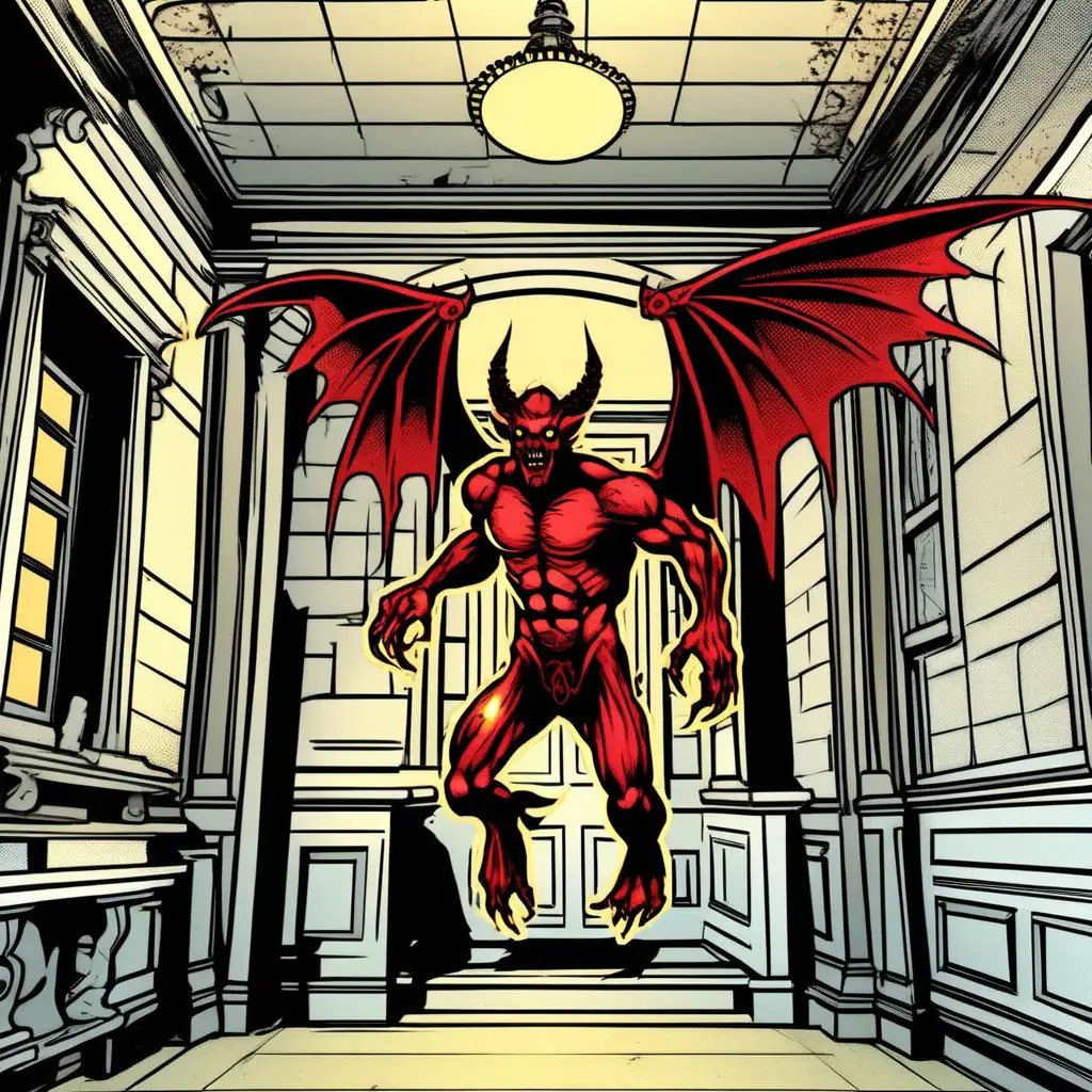 winged demon inside an old mansion
comic book style
