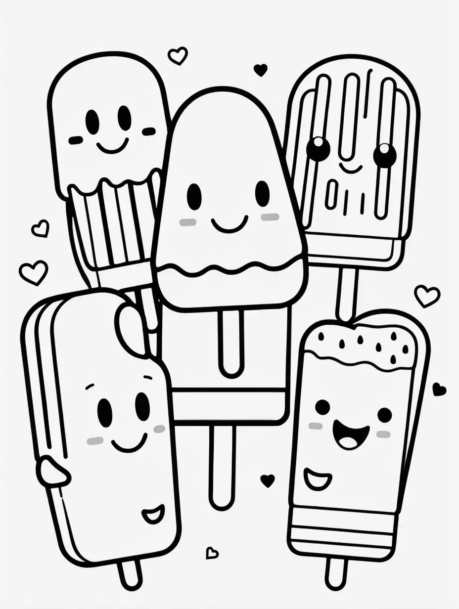 coloring book, cartoon drawing, clean black and white, single line, white background, cute popsicles, emojis