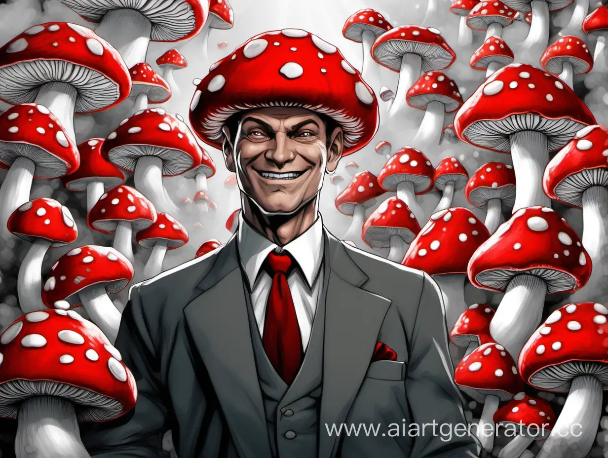Грибной человек, на его голове грибная шляпка мухомора, смотрит в камеру, улыбается, весь белого цвета как гриб, вокруг него его клоны, он в джентельменском костюме красно-белого костюма с галстуком