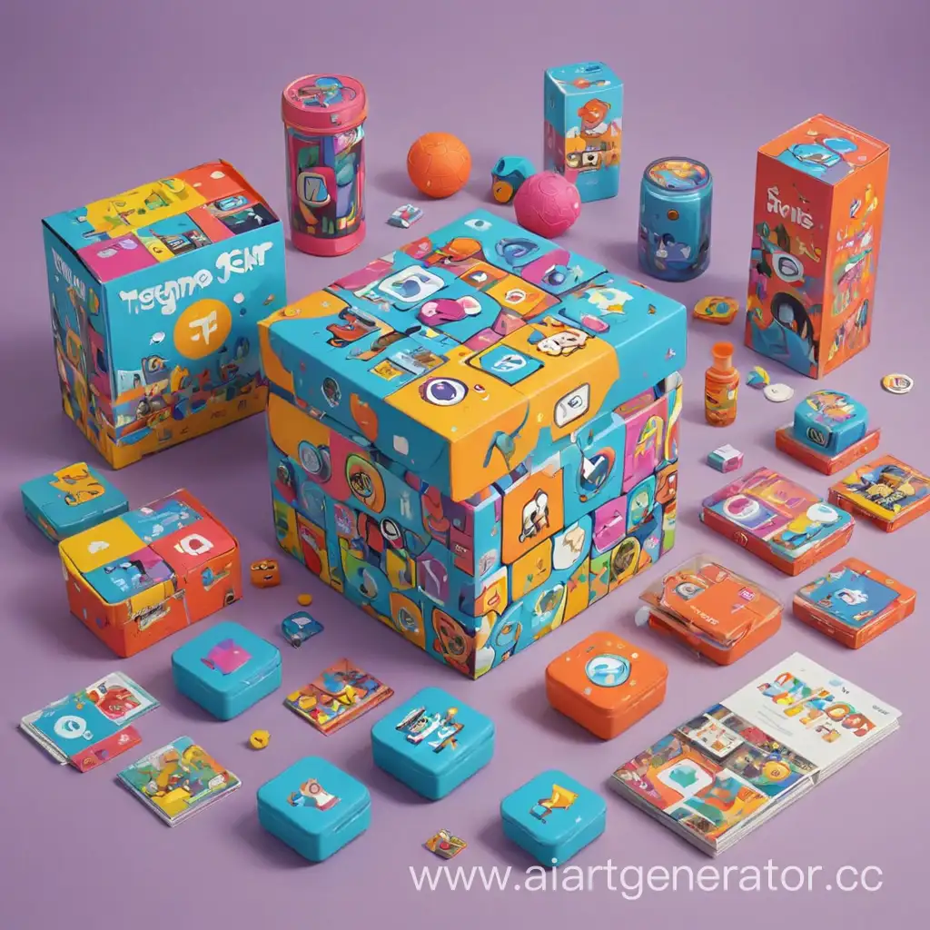 teenager ad social network collecting games and merch colorful packaging with additional activities
