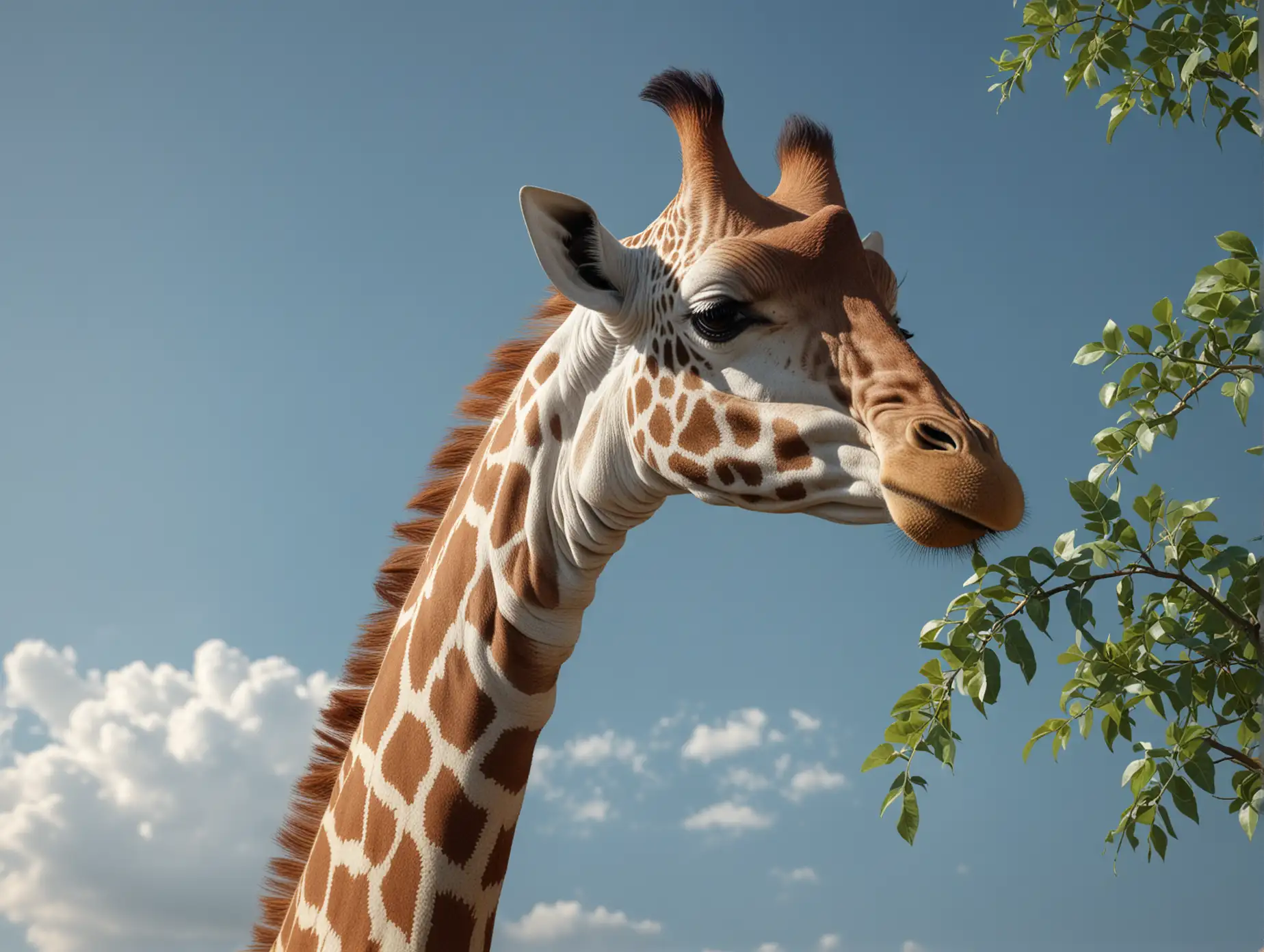Crea un'immagine fotorealistica di una giraffa, ripresa da altezza uomo con un forte teleobiettivo, nell'inquadratura sola la testa e i primi 50 cm di collo, la giraffa sta mangiando un rametto con delle foglie, il cielo sullo sfondo è azzurro, qualità 8k, Alta risoluzione,  fotorealistico, realistico