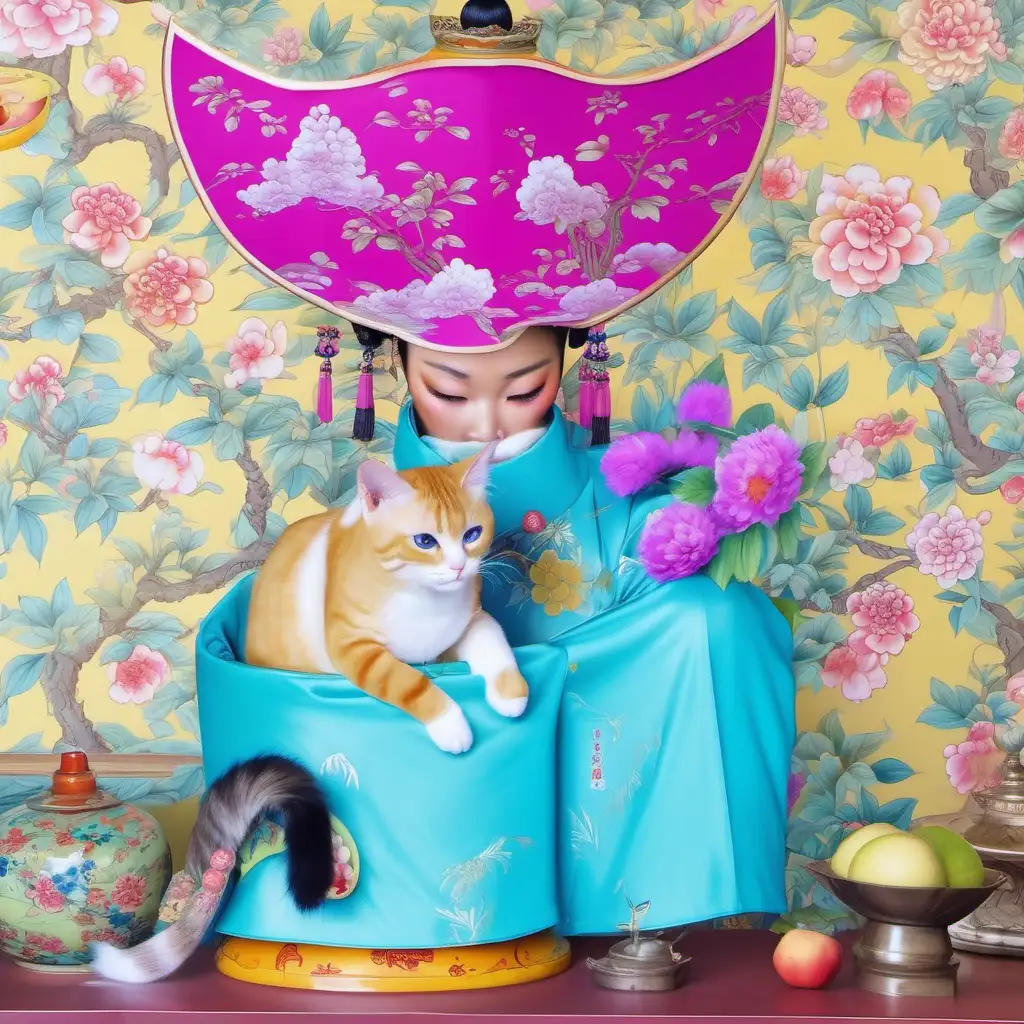 Cat Asian ladies with fruit and flowers in hair,yellow chinoiserie wallpaper
