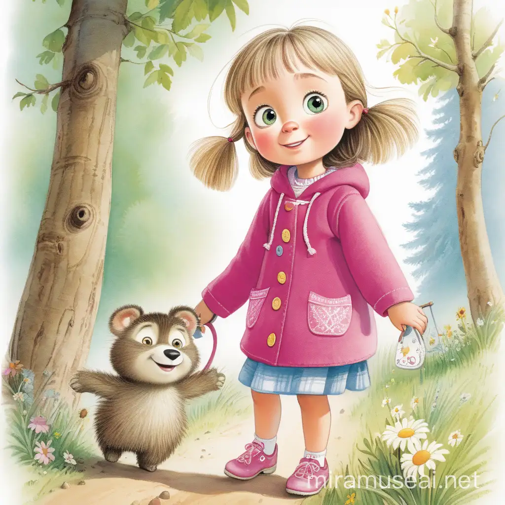 Adorable Little Girl Masha in Childrens Book Illustration