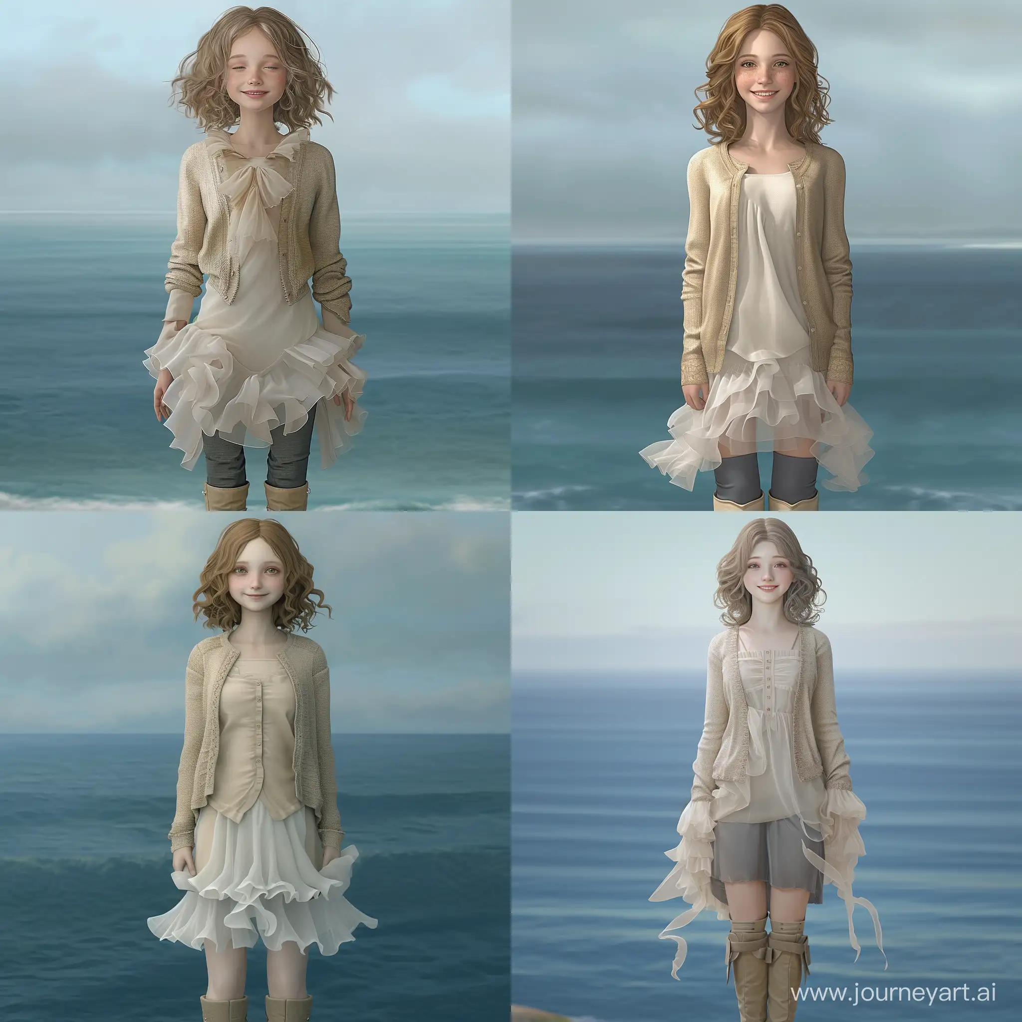 1girl, solo, pale skin, brown eyes, light brown hair, shoulder length hair, slightly curly hair, smile, closed mouth, calm, beige knee-length tunic, beige cardigan, dark gray trousers, beige knee-high boots, white trasparent dress, ruffles, portrait, waist, blue background, blue ocean, blue and gray theme, calm atmosphere, facing the viewer, looking forward,3 D Epic Realistic,detalid.