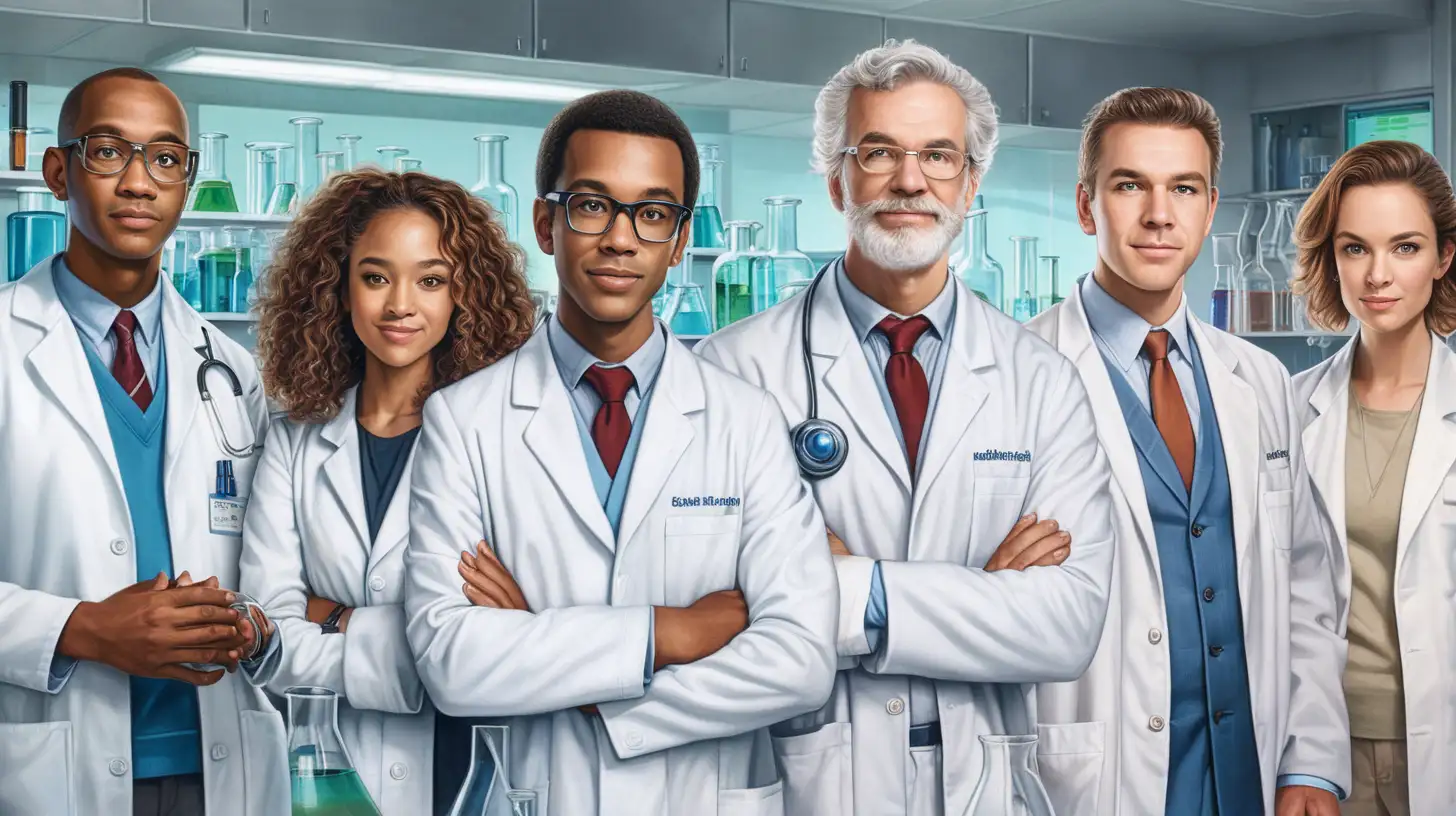 a group of five scientist dressed in lab coats.  Three men, two women.  Different races and age groups.