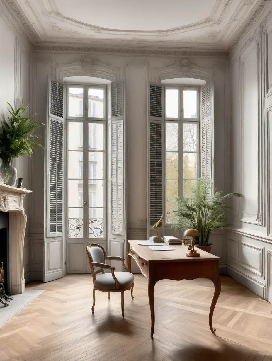 white wall and ceiling, parisian interior with windows, parquet light herringbone, light wooden desk in the middle of the room, open Premier French Grey Shutter, many plants, brass vintage handles on the window, french fireplace