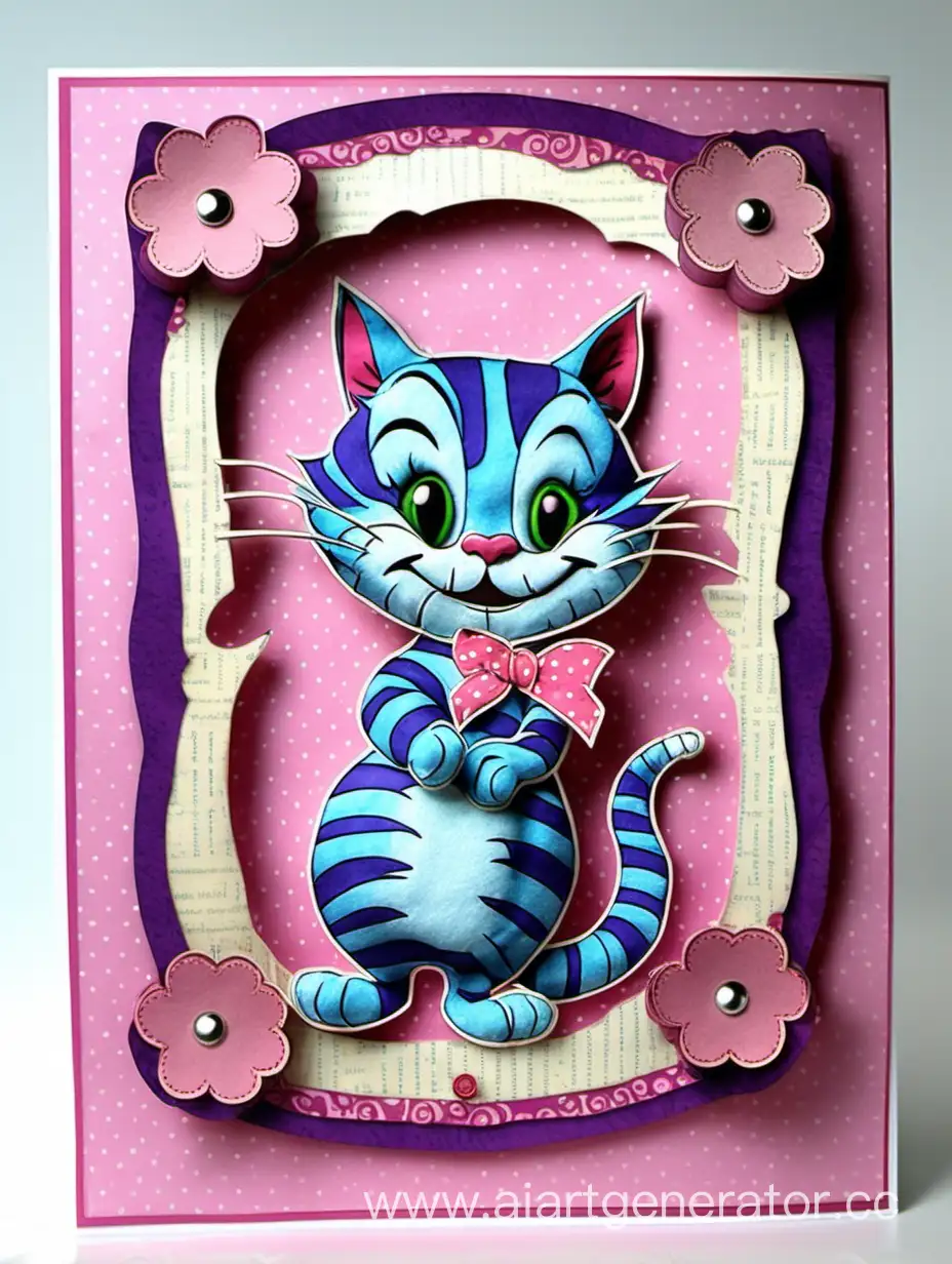 big open card, stands the Cheshire cat in full height, applique, birthday