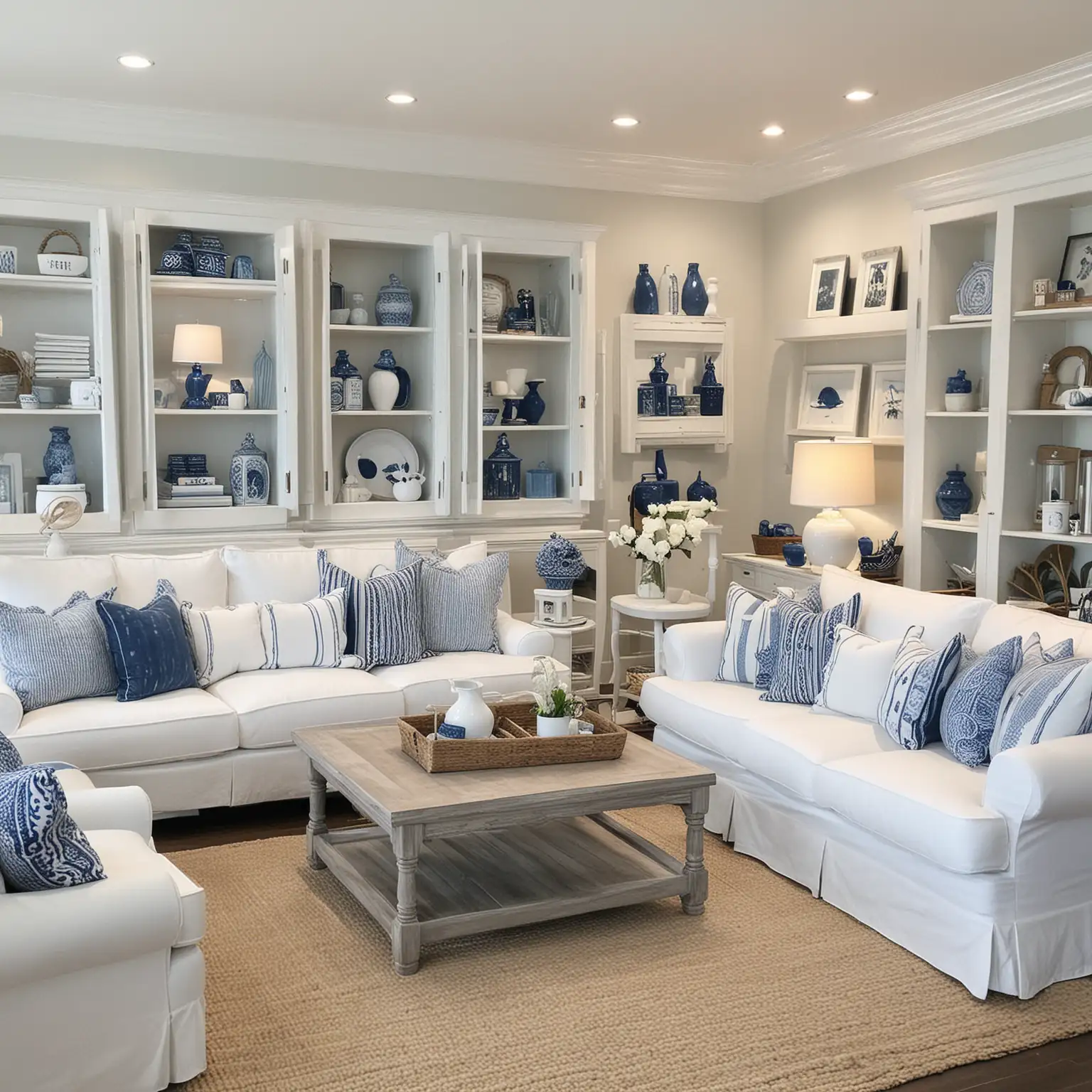 Cute retail store that sells coastal home furniture, white slipcovered sofas in a coastal town. Blue and white theme with a hamptons/nantucket vibe