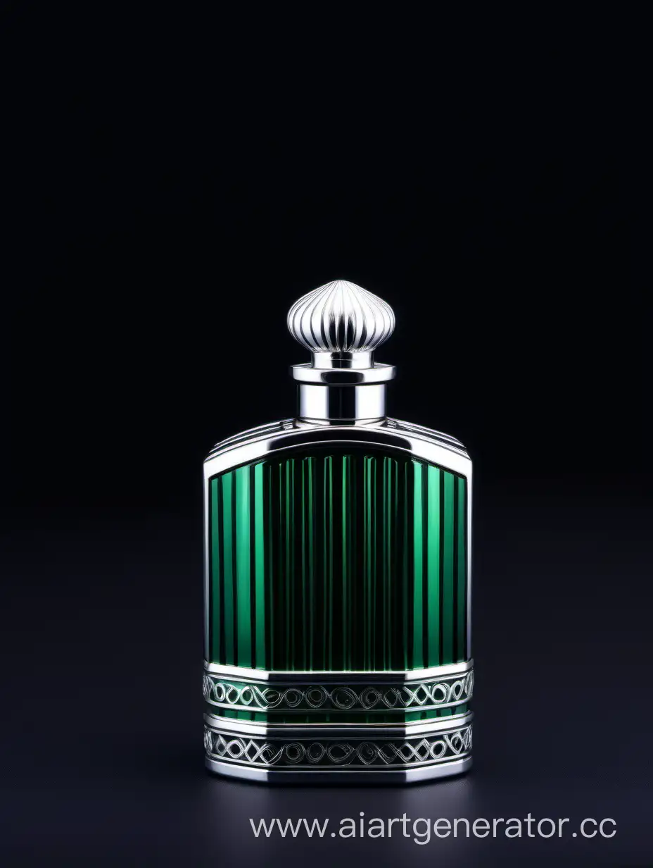 Zamac Perfume decorative ornamental  black, royal dark green  heavy bottle double in height  with stylish Silver lines cap and bottle black background
