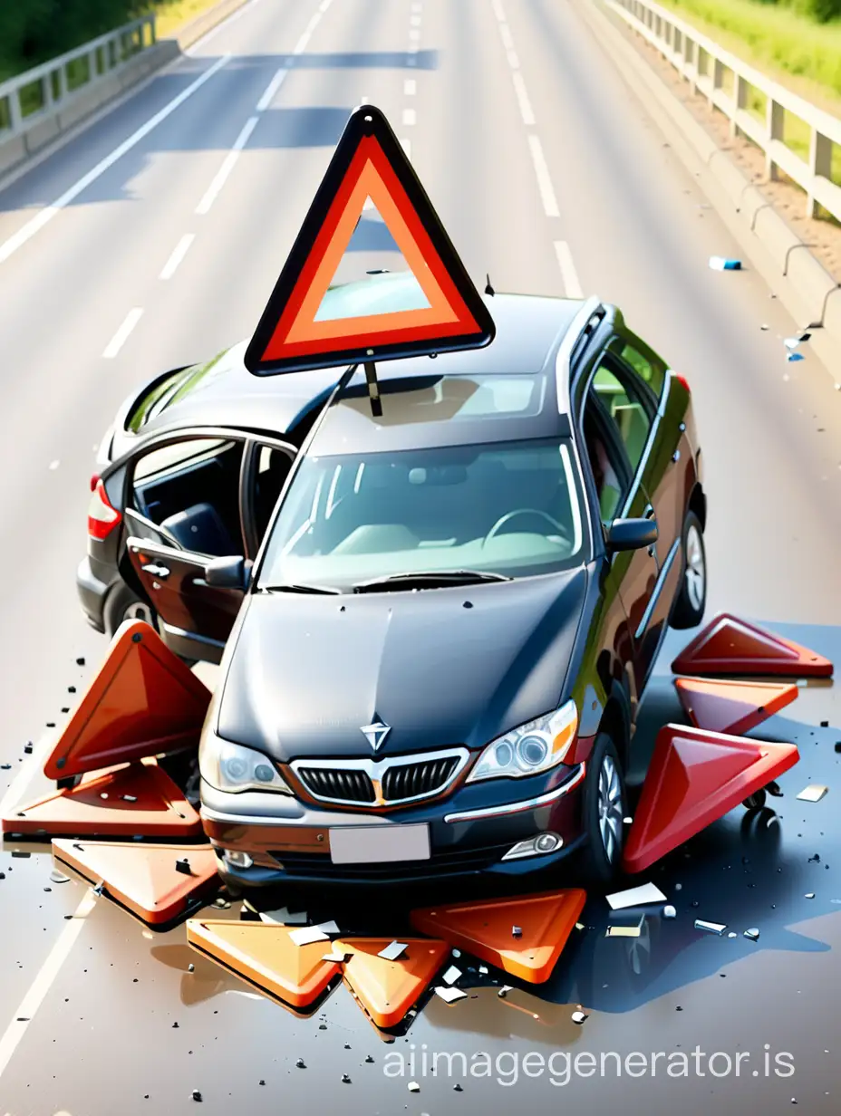 Car-Crash-Scene-with-Triangular-Road-Sign