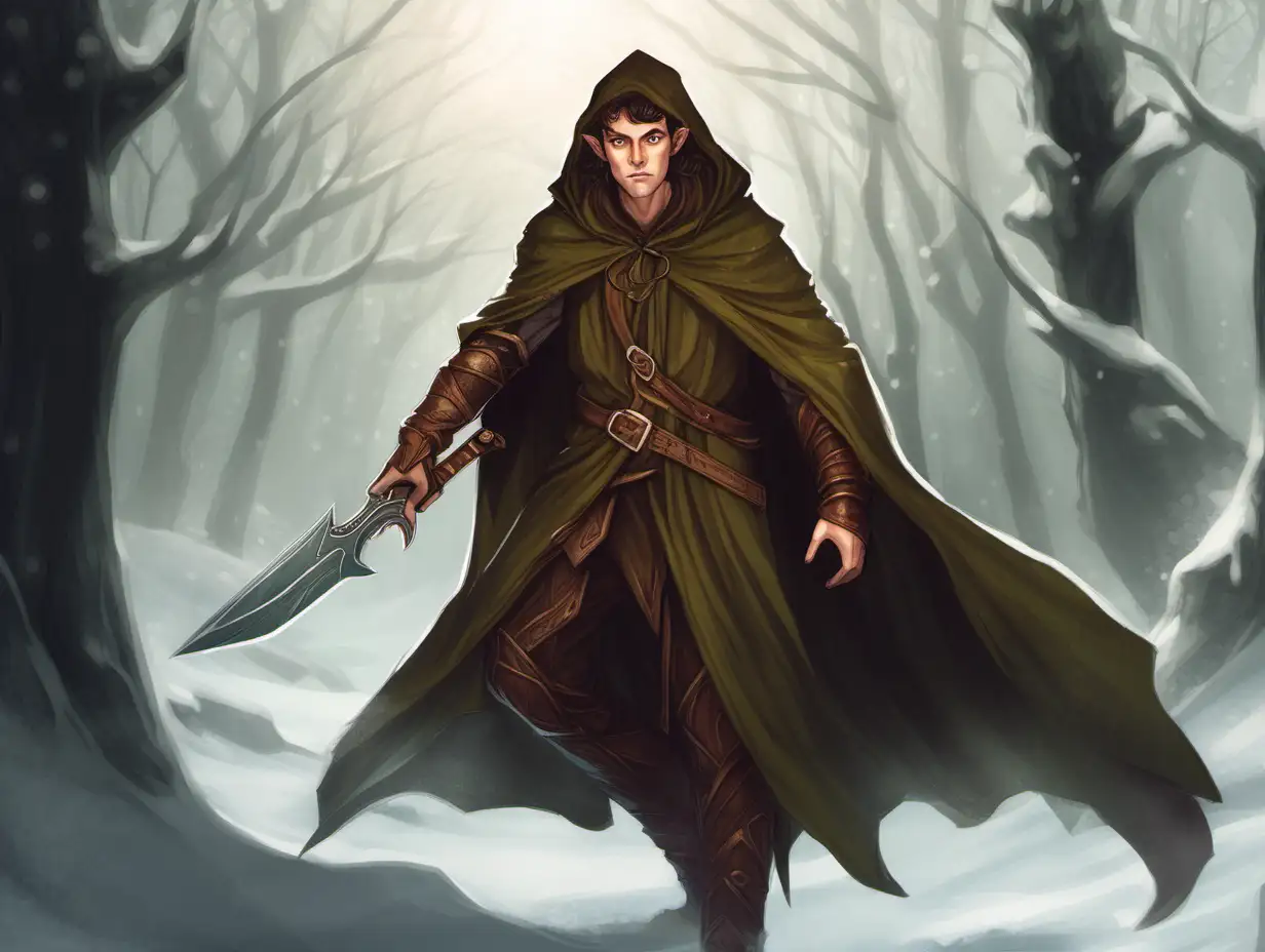 an elf druid with a side knife and a brown cloak and brown hair