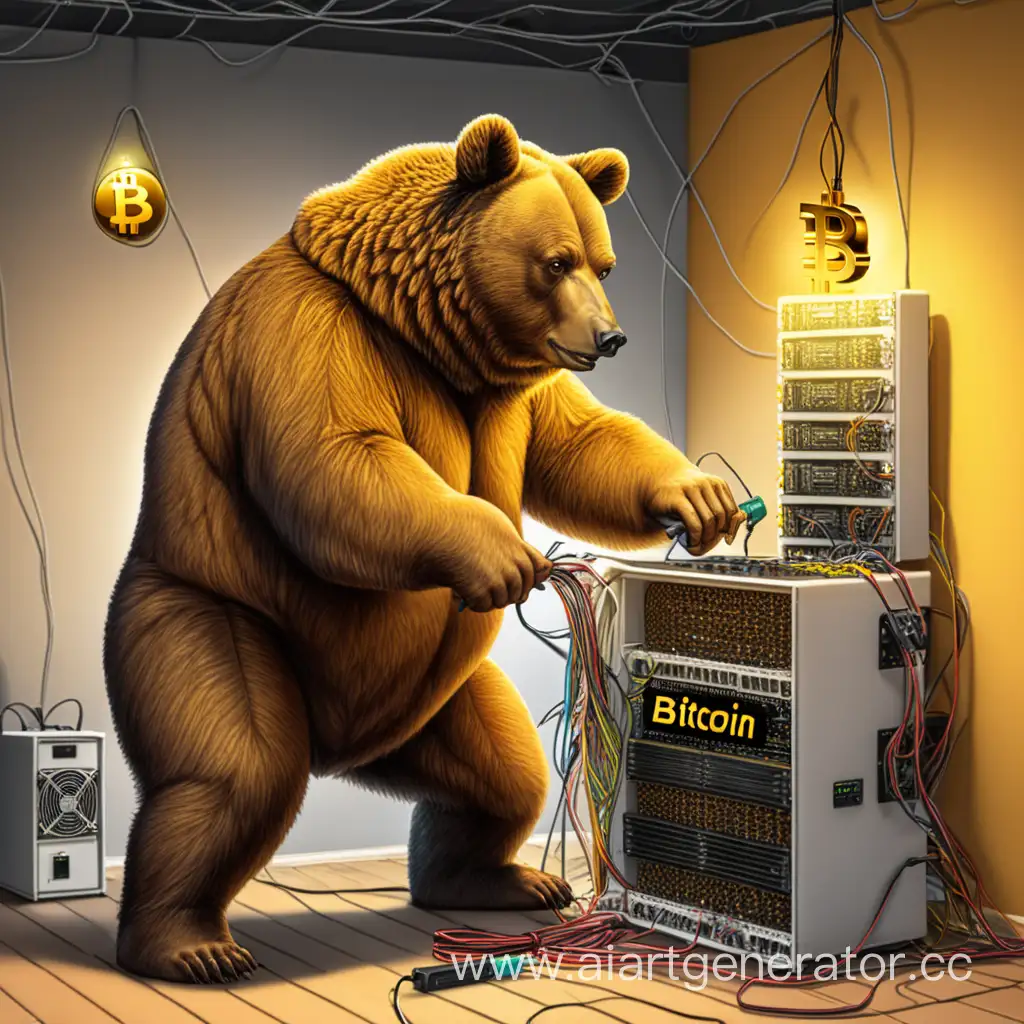 Bear-Electrician-Repairing-Bitcoin-Behind-Beehive