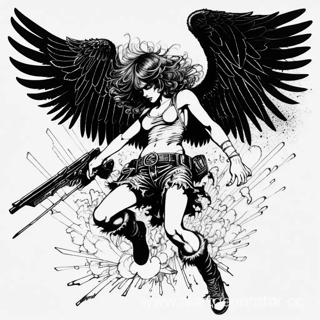 dark angel, lineart, explosive black ink, Berni Wrightson style,  trash polka white neon lines, monochromatic, white background, sticker art