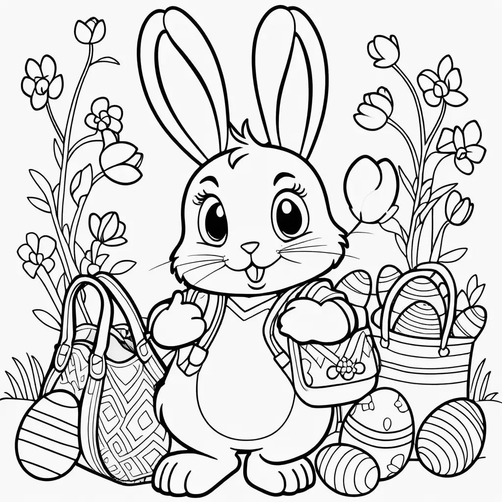 colouring book cartoon image cute excited eastern bunny is wearing cute outfit and is hiding lots of chocolate eggs in a big bag
