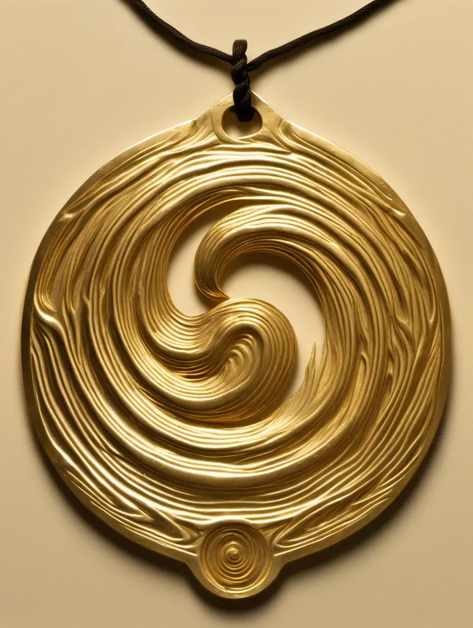 Golden amulet on a string engraved with two cresting waves that face in opposite directions but are twisting in one loop