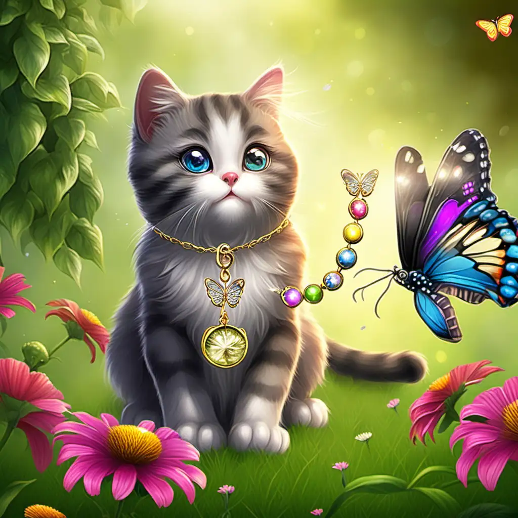Cat with pendant playing with butterfly in the garden 