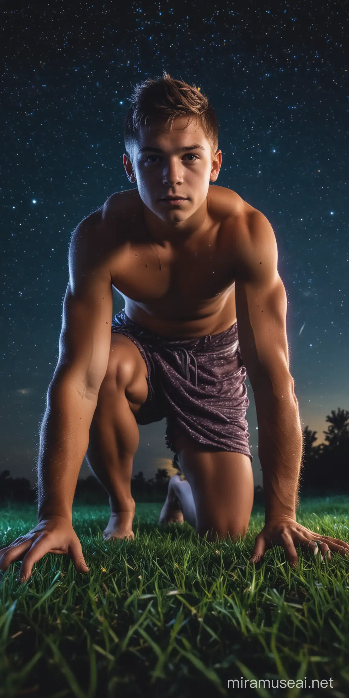 young muscular boy in loincloth, crawling on the grass, at night, under a sky full of stars, and neon colors Light effects.