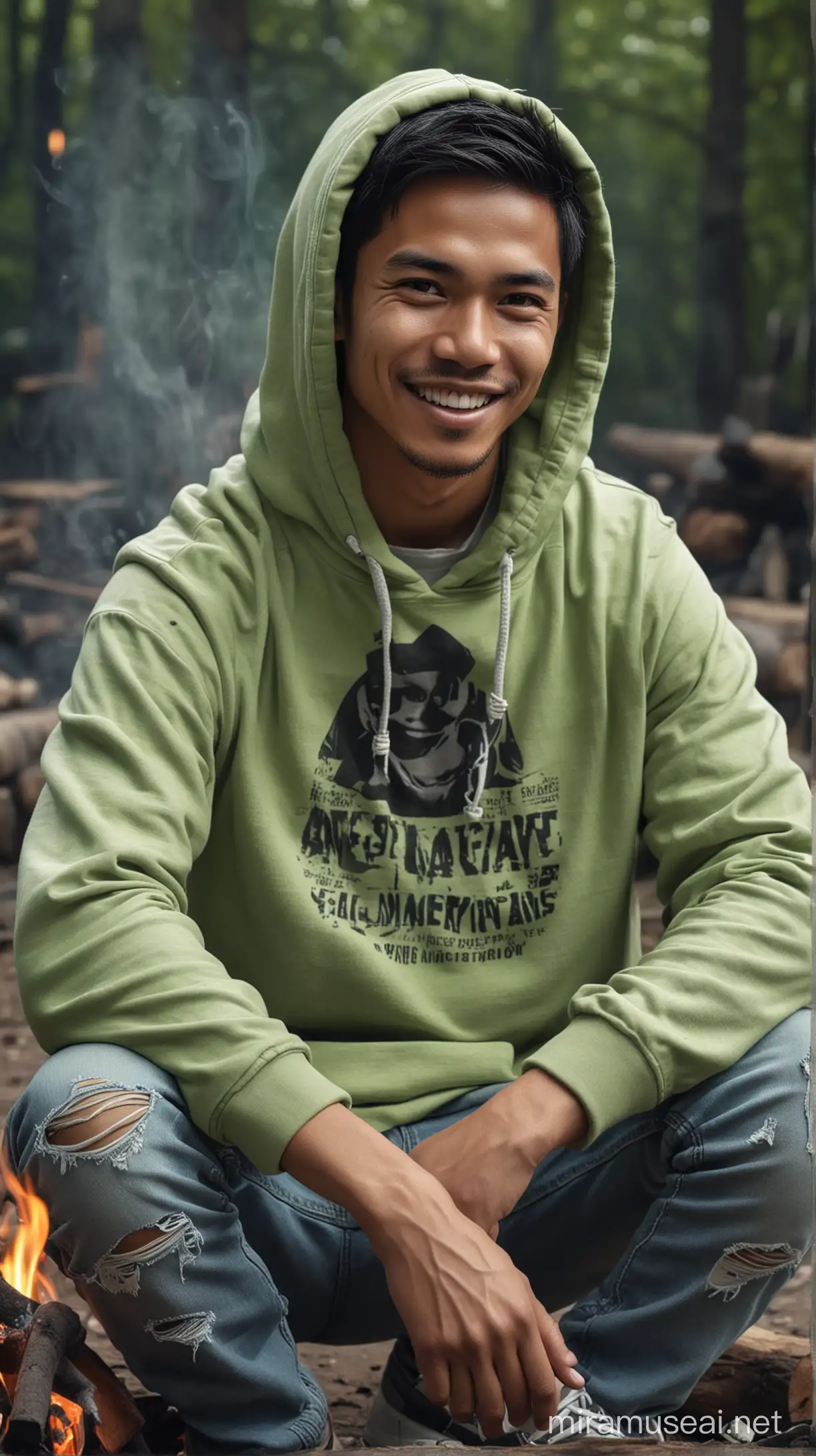 An Indonesian young man, wearing a light green hoodie, ripped short jeans, with a smiling facial expression full of warning messages, sat in front of a campfire drinking coffee, Hyper realistic, portrait, ultra hd, contrast, DLSR, 64k.