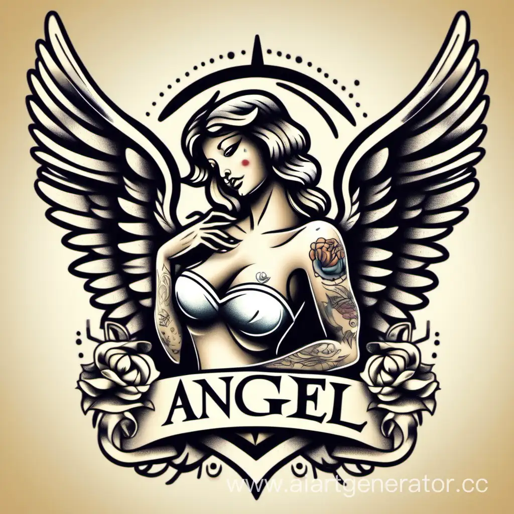 ангел в стиле тату этикетка отрытка