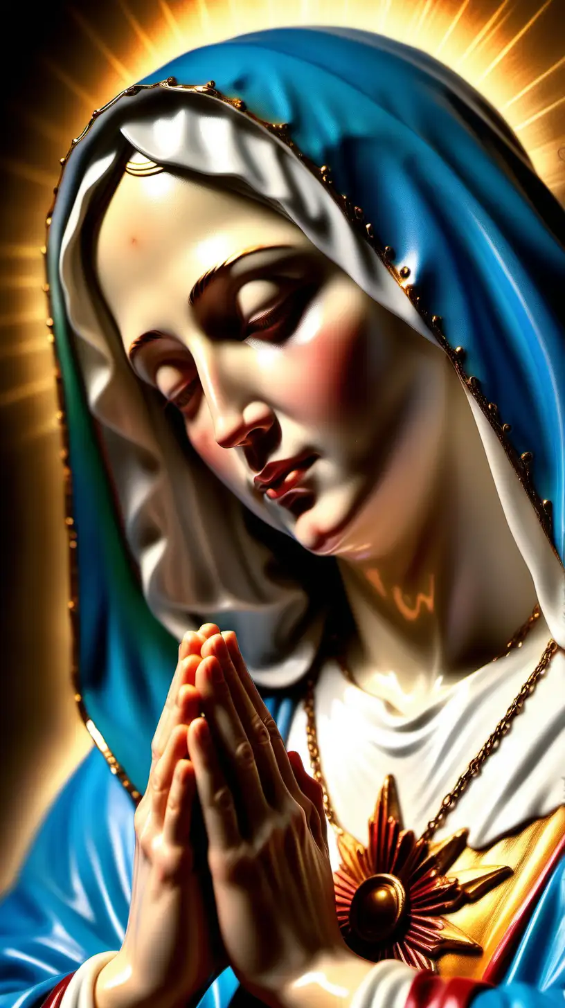 Close-up of Mother Mary, vibrant colors, realistic photography,The composition should emphasize her praying posture, extreme detailed digital art, The lighting should be dramatic, creating a sense of reverence and spirituality.