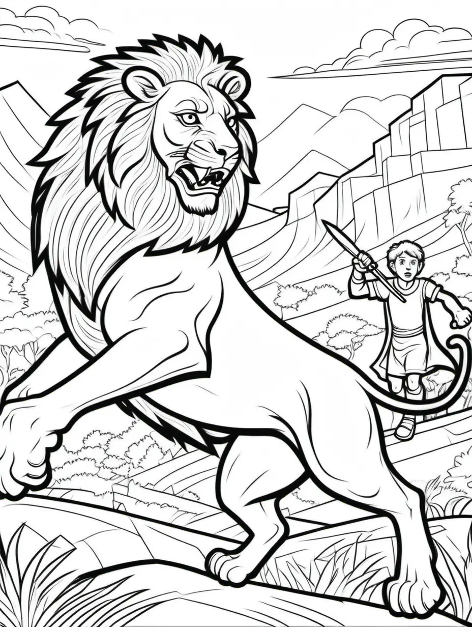 Cartoon Illustration David Battling a Lion Coloring Page