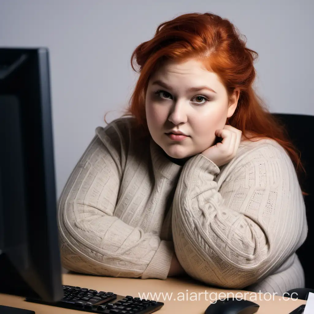 Красивая толстая рыжая девушка с карими глазами в свитере сидит за конмпьтером пишет приказ
