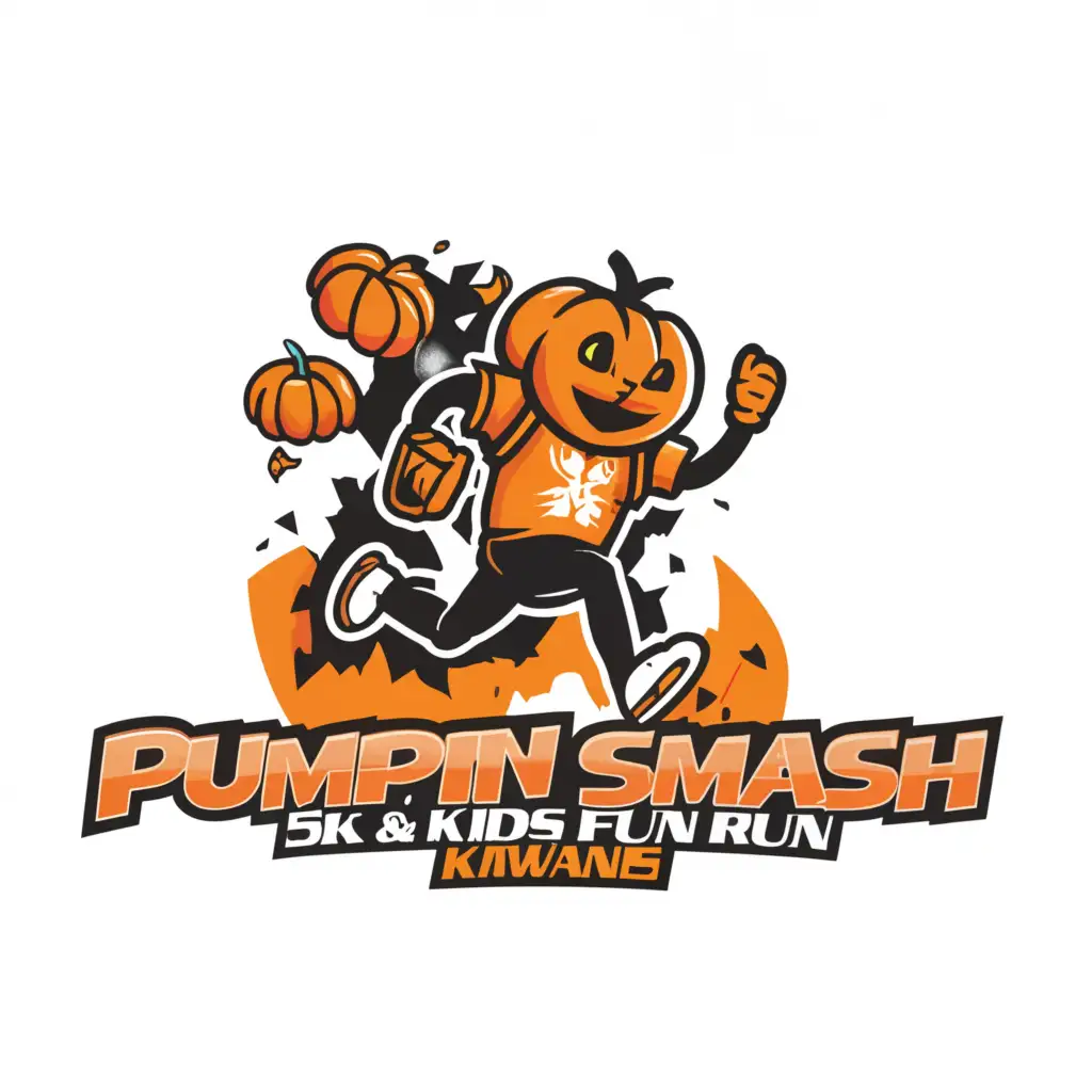 a logo design,with the text "Pumpkin Smash 5K & Kids Fun Run
#KidsNeedKiwanis", main symbol:runner with pumpkins,Minimalistic,be used in Nonprofit industry,clear background
