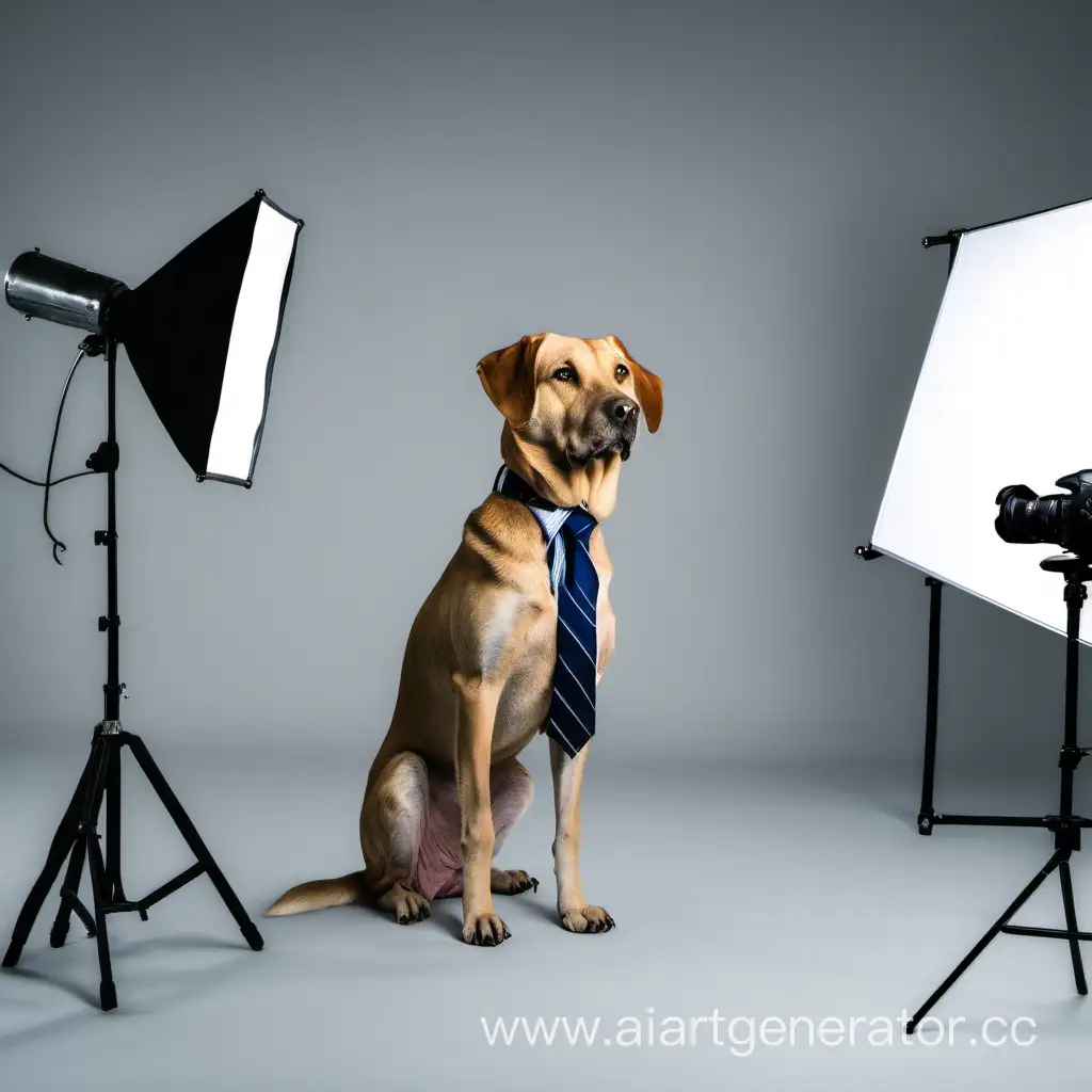 собака сидит на стуле в галстуке в фотостудии человек стоит напротив и фотографирует ее