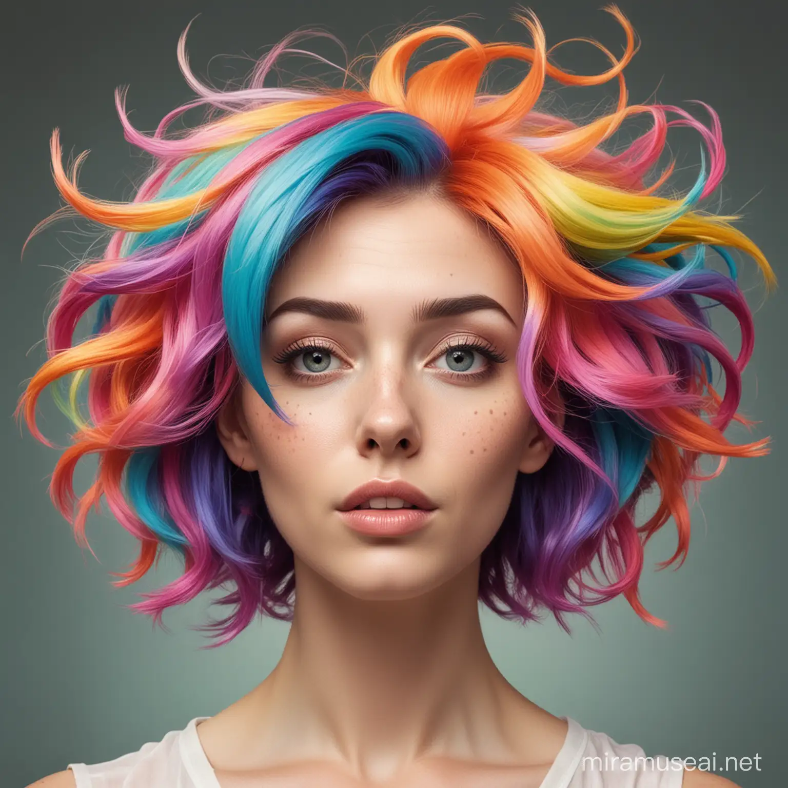 Eccentric Female Artist with Colorful Hair in Whimsical Setting