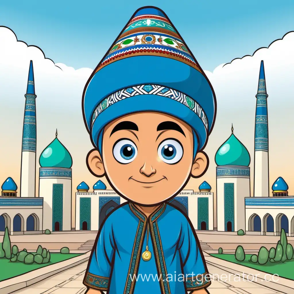 Uzbek-Cartoon-Character-in-Traditional-Costume-with-National-Values-Background