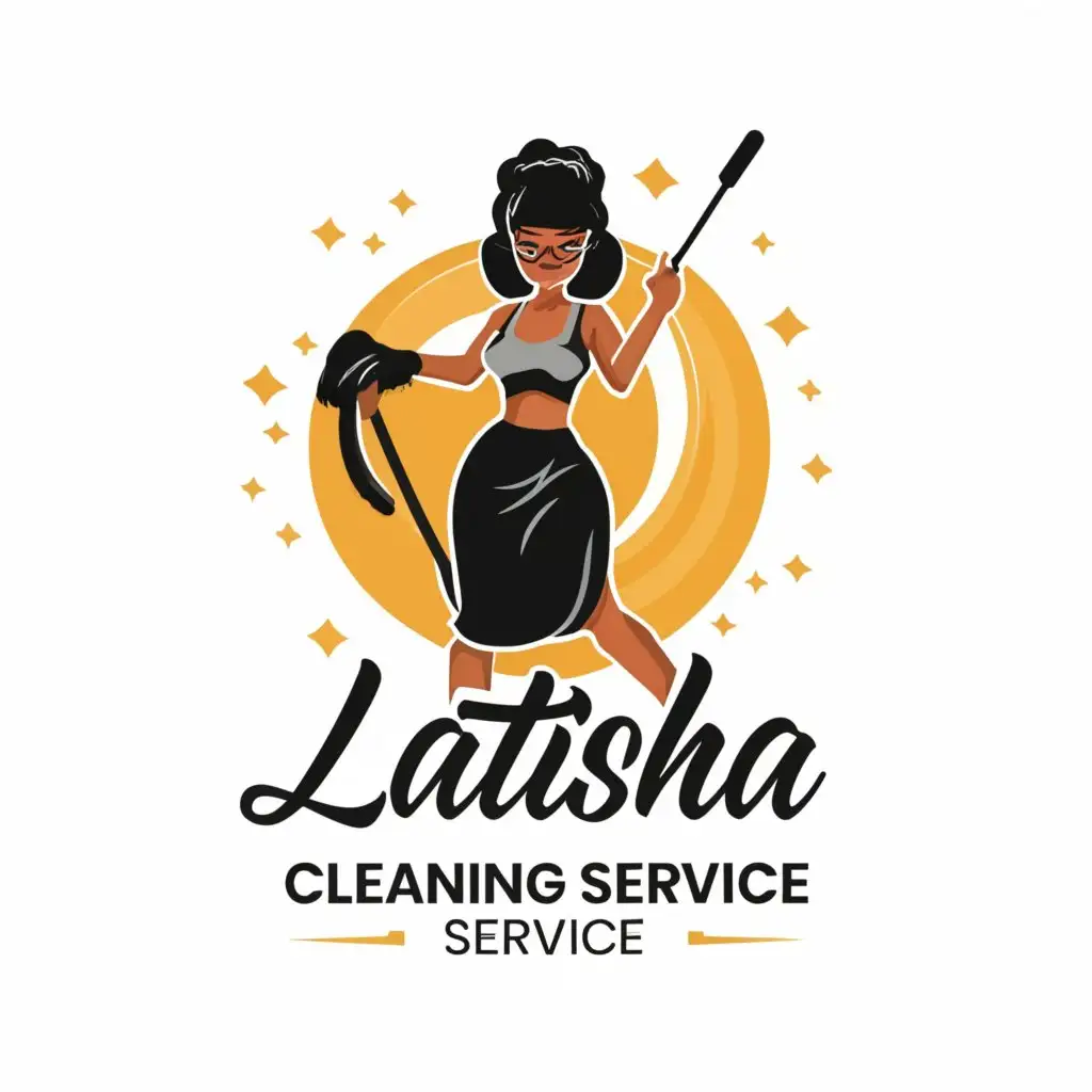 a logo design,with the text 'Latisha Cleaning Service', main symbol:Black lady cleaning with a broom and wearing shades while looking fabulous 