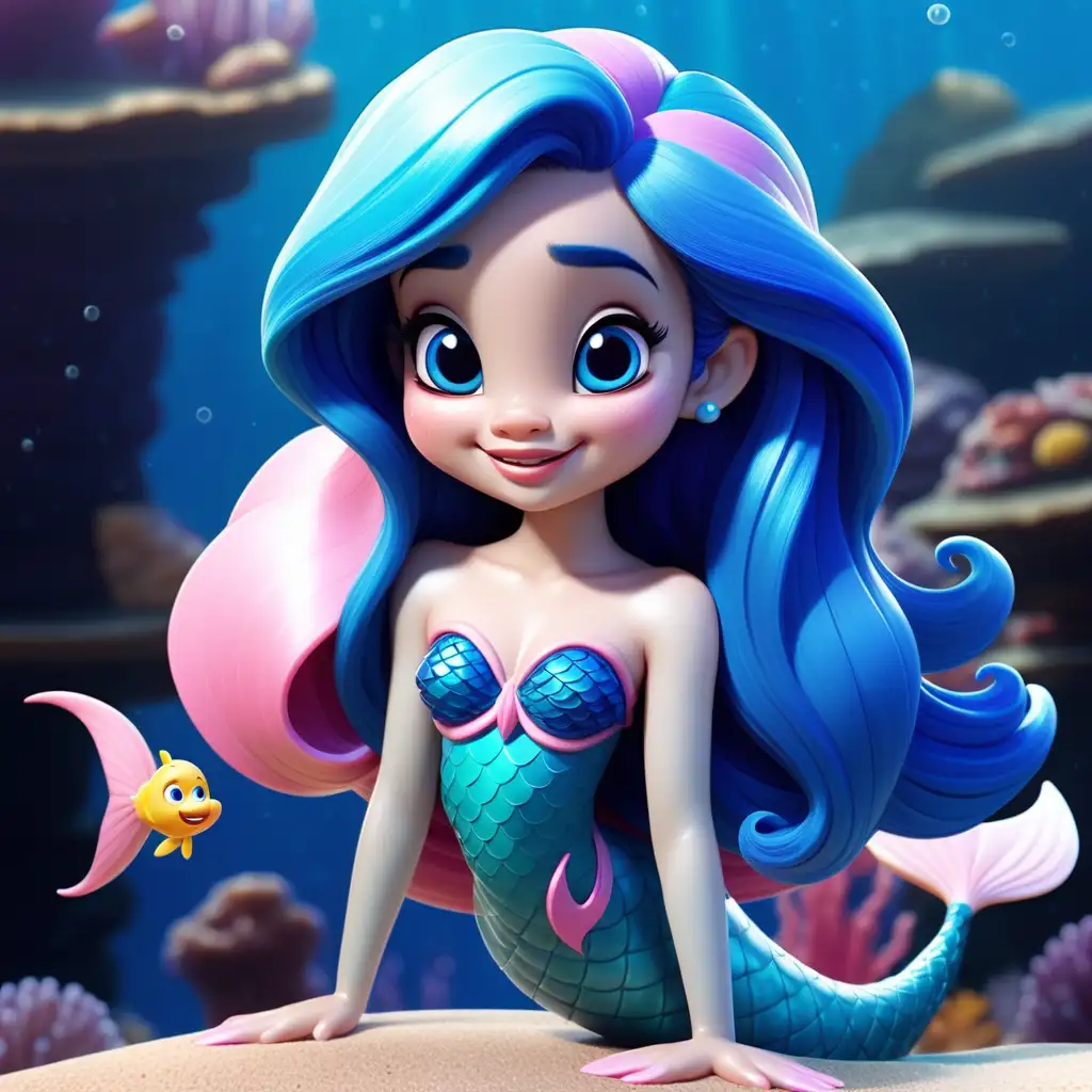 Thai little mermaid ผมสีฟ้า หน้าตาน่ารัก รูปร่างสมส่วน มีหางสีฟ้า ปลายหางสีชมพู ในรูปแบบ Disney รูปเต็มตัว 18K